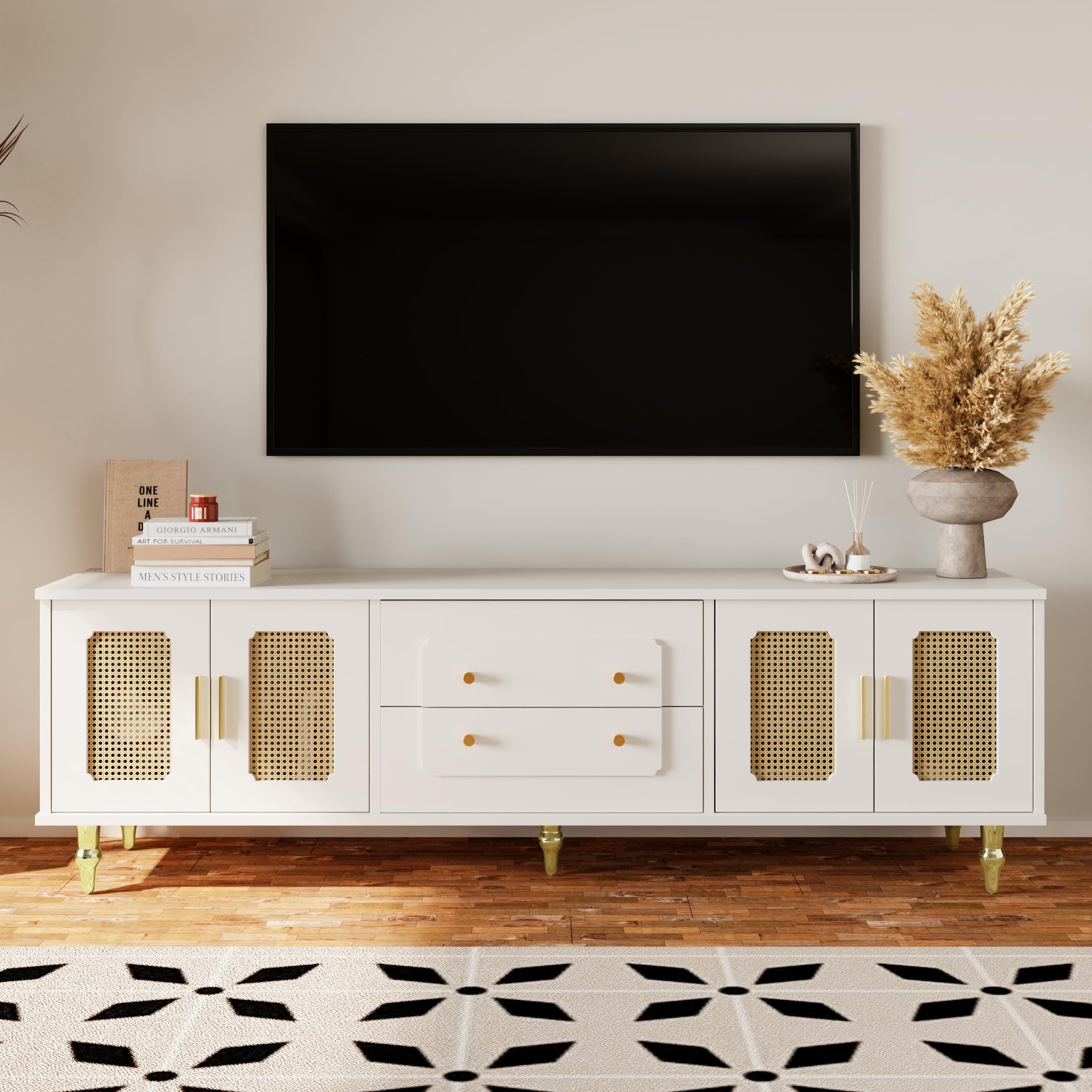 Modulo TV, Mueble de Salon TV, Armario Bajo con Puerta de Ratán, Moderno Estilo Rústico Mueble para Salon con Patas de Metal y 2 Cajones, para Televisión de 70-79 In, 175x38x55.5 cm (Blanco)