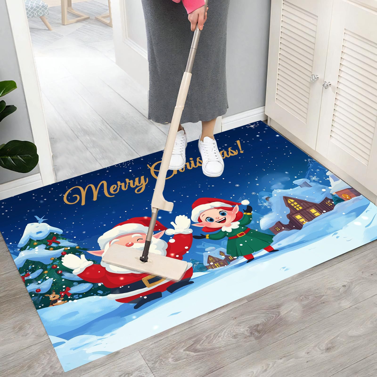 Felpudo Adorables Elfos Navideños Lavable, Alfombra Pequeña Pueblo De Dibujos Animados De 80X120Cm, Tapetes De Puerta Suaves Para Entrada, Alfombras De Entrada Antideslizantes Azul Marino De Pelo Bajo