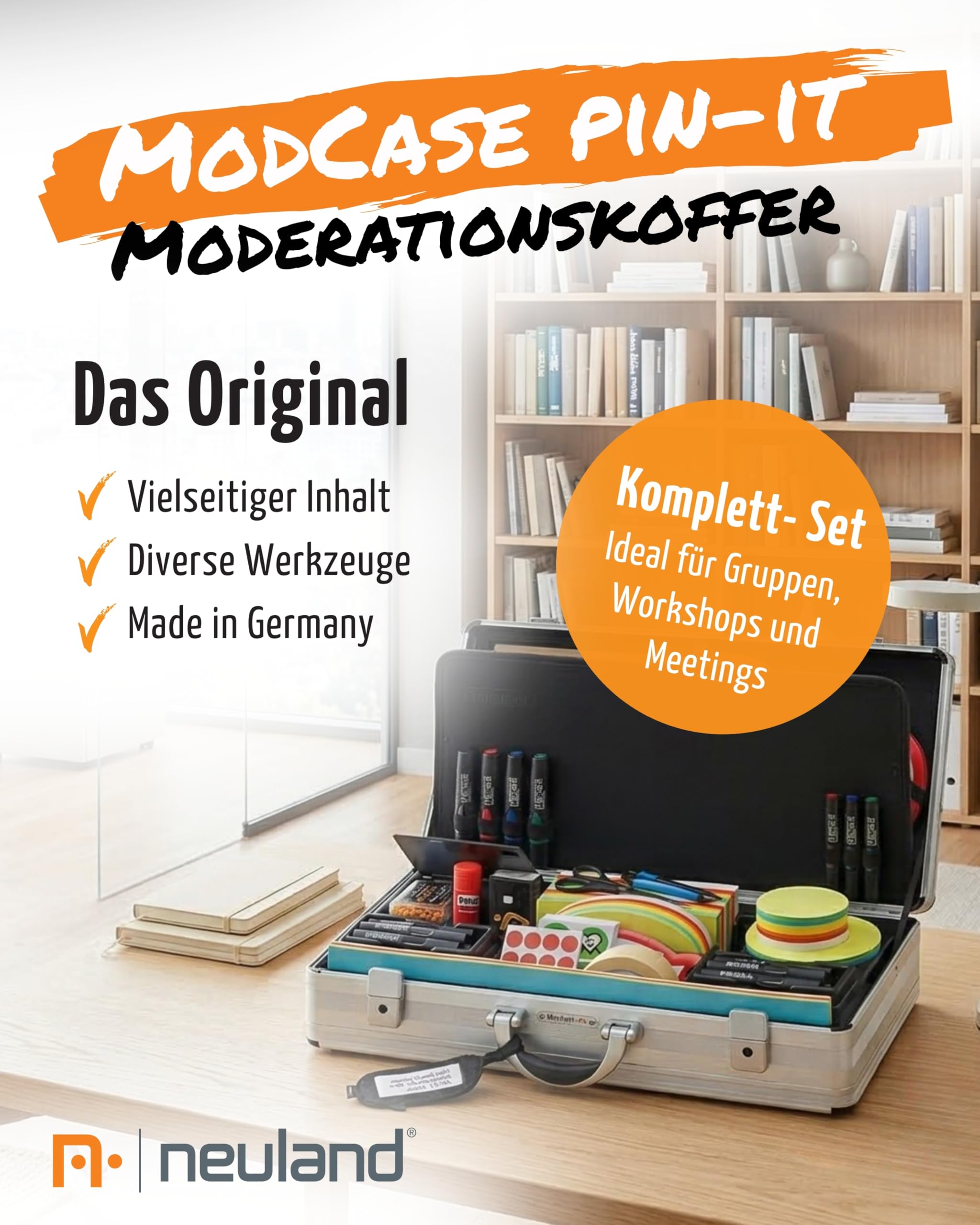 Neuland ModCase Moderationskoffer mit Inhalt I Präsentationskoffer mit 500 Moderationskarten, 25 Flipchart Markern & mehr I Aluminium Koffer inkl. Flipchart Zubehör Set für Workshops & Trainings