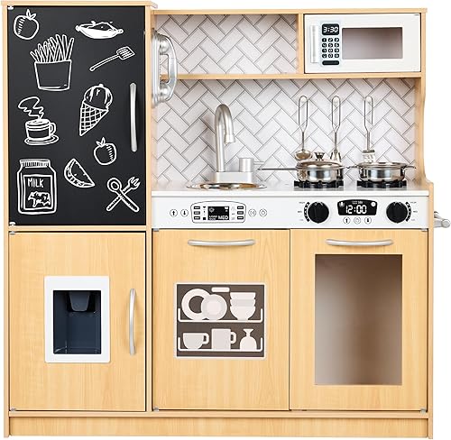 Best Choice Products Juego de juguetes de madera para niños con diseño realista, teléfono, utensilios, horno, microondas, fregadero, natural