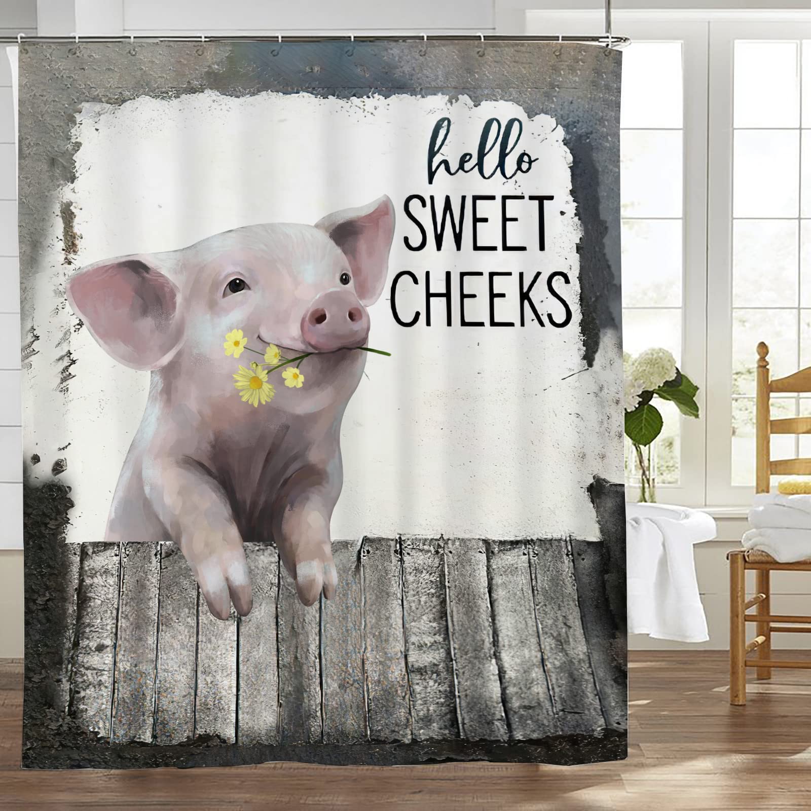 SweetFox Farmhouse Pig Shower Curtain Funny Rustic Pig Shower Curtain Farm Animal Cute Pig Bathroom Decor Shower Curtain with Hooks Waterproof Fabric 60x72Inch
