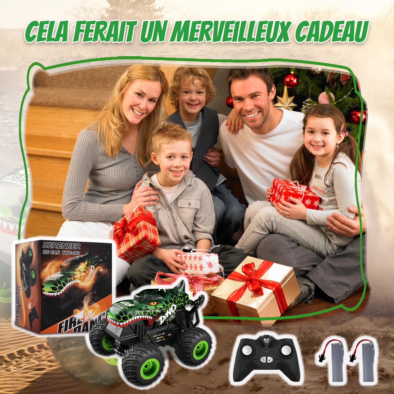 IEEILULU Voiture télécommandée, dinosaure, voiture tout-terrain avec rotation à 360°, lumière LED, Monster truck RC rechargeable, jouet dinosaure, cadeau pour enfants à partir de 3, 4, 5, 6, 8, 10 ans