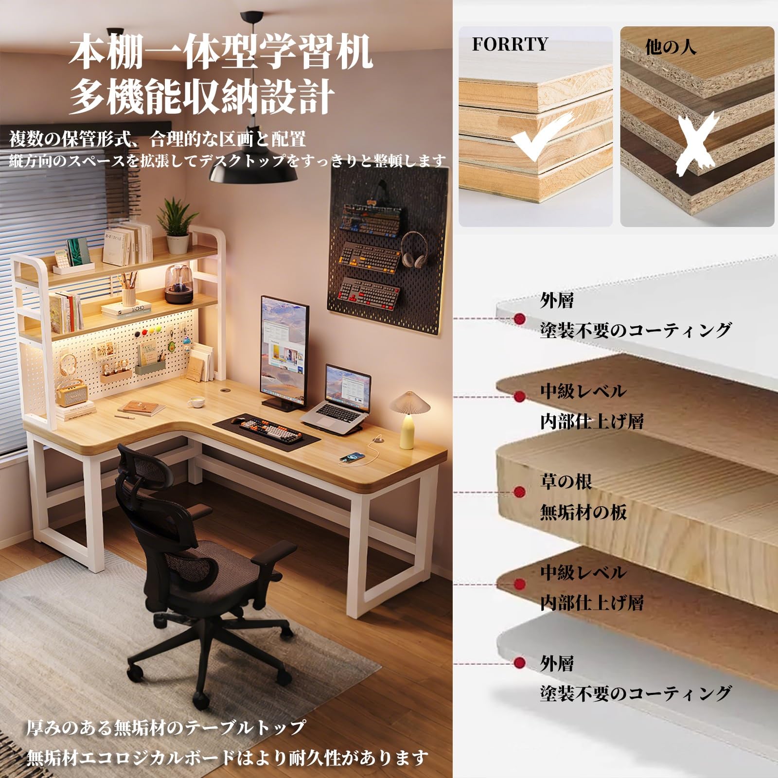 Amazon | FORRTY 実木L字型デスク パソコンデスク 学習机 書斎デスク