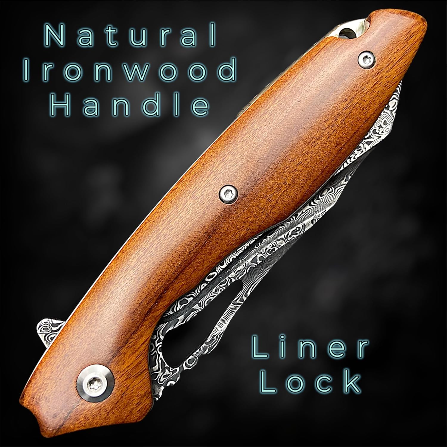 TACTICAL GEARZ Damascus Pocket Knife for EDC, Custom Ironwood Handle, Multi-Layered Damascus Steel Blade (Kau)