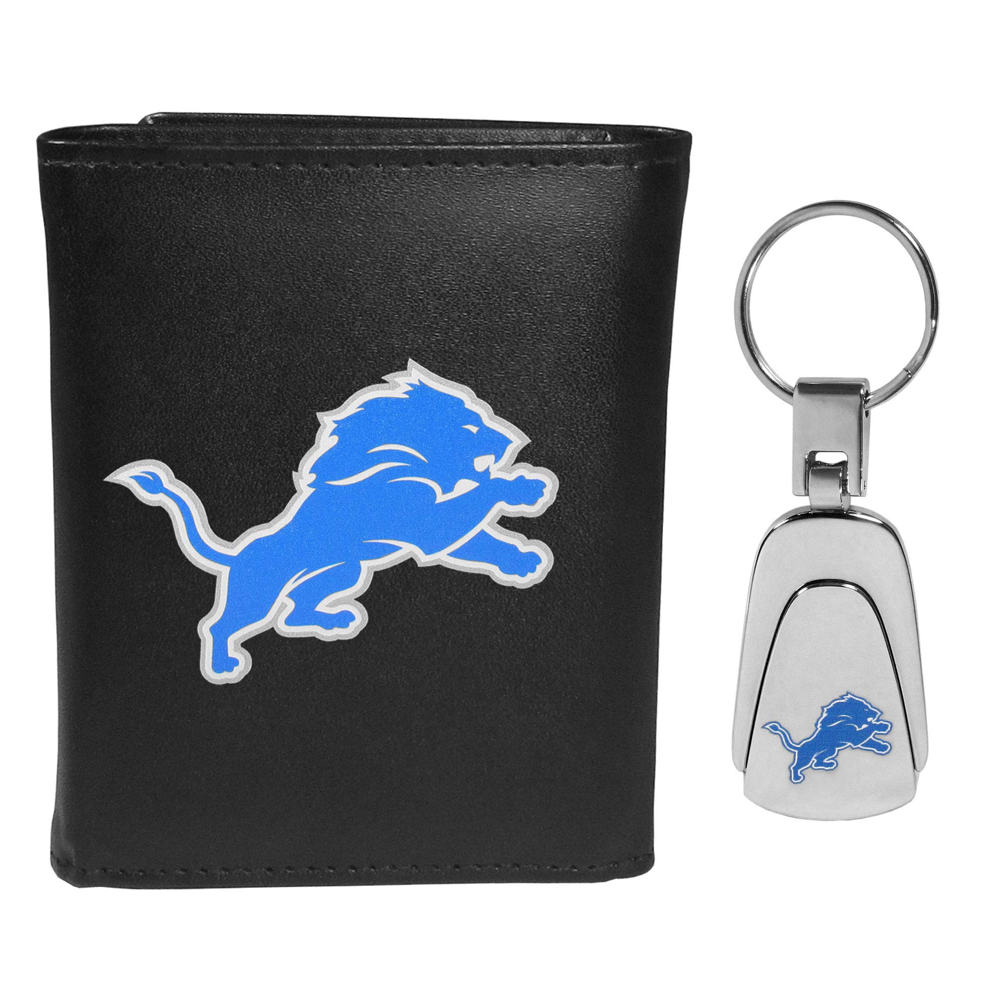 SiskiyouSports NFL Detroit Lions Mens Tri-fold Wallet & Steel Key Chain, Black, One Size