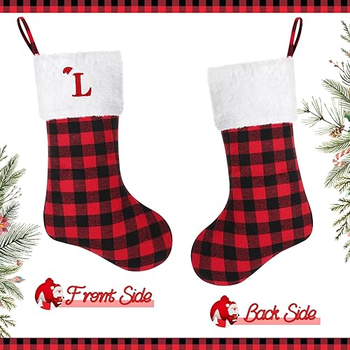 Miniatura 2 de Calcetines de Navidad con monograma inicial grande de 20 pulgadas, medias de Navidad personalizadas a cuadros rojos y negros con letras bordadas,