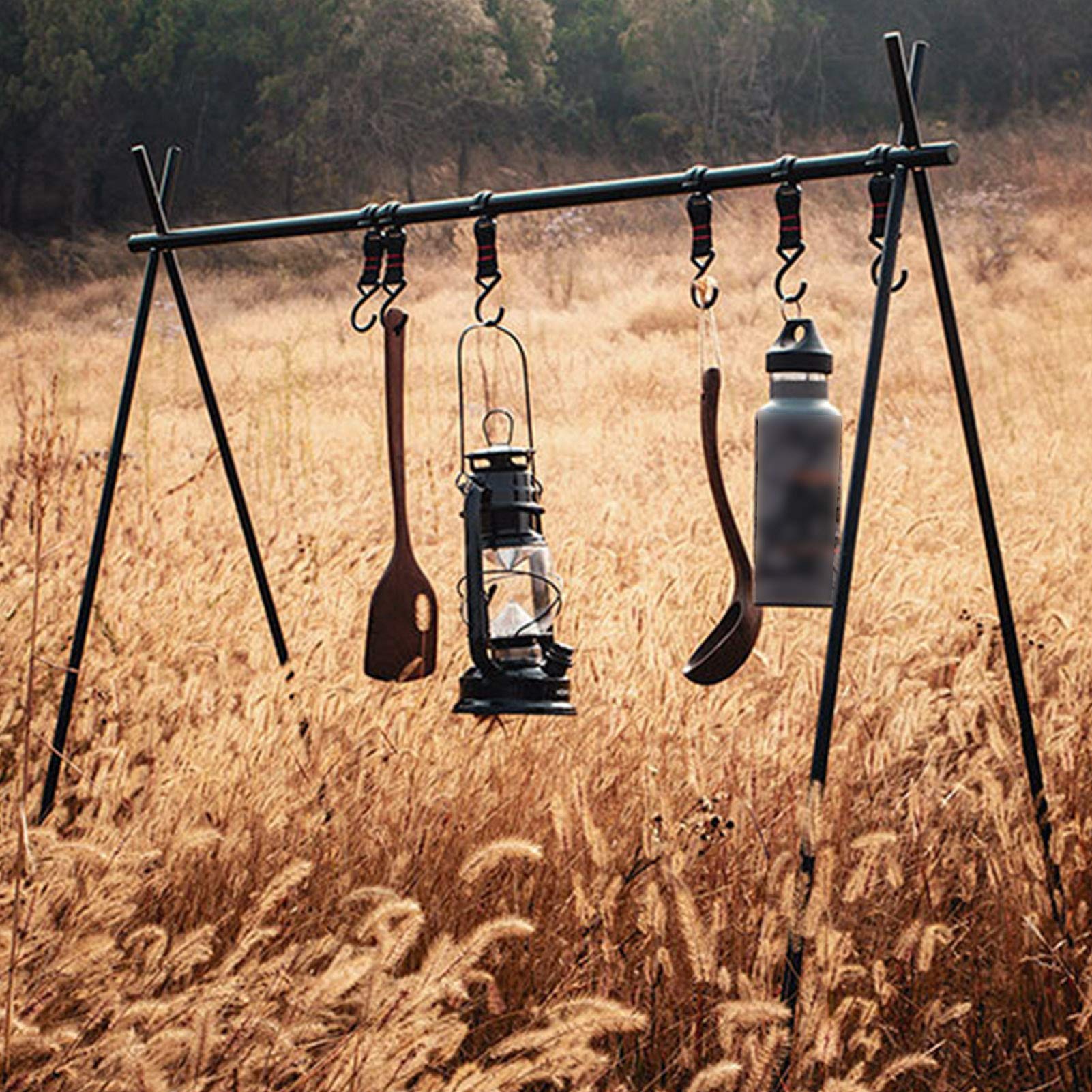 OUKENS Outdoor Camping Hook Rack, Portable Folding Campsite Storage Hook Hanging Rack Folding Tripod Barbecue Tool Bracket with Storage Bag and 6 Pcs Hooks