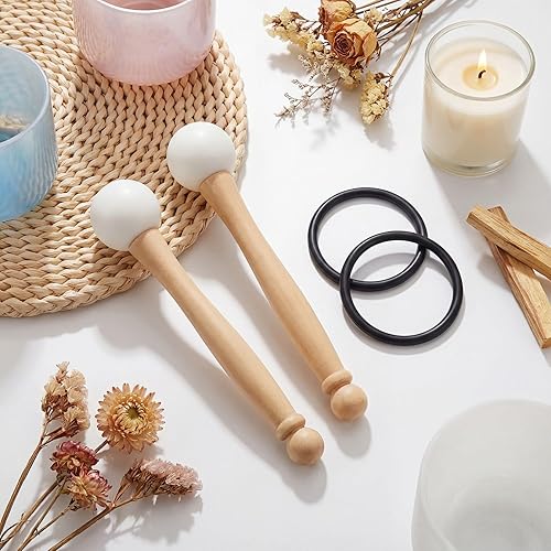 Miniatura 9 de Nuanchu 4 Pcs Crystal Singing Bowl Mallet Bowl Striker and O Ring Set, Include 2 Rubber Head Wood Handle Mallet with 2 Rubber O Rings for Playing