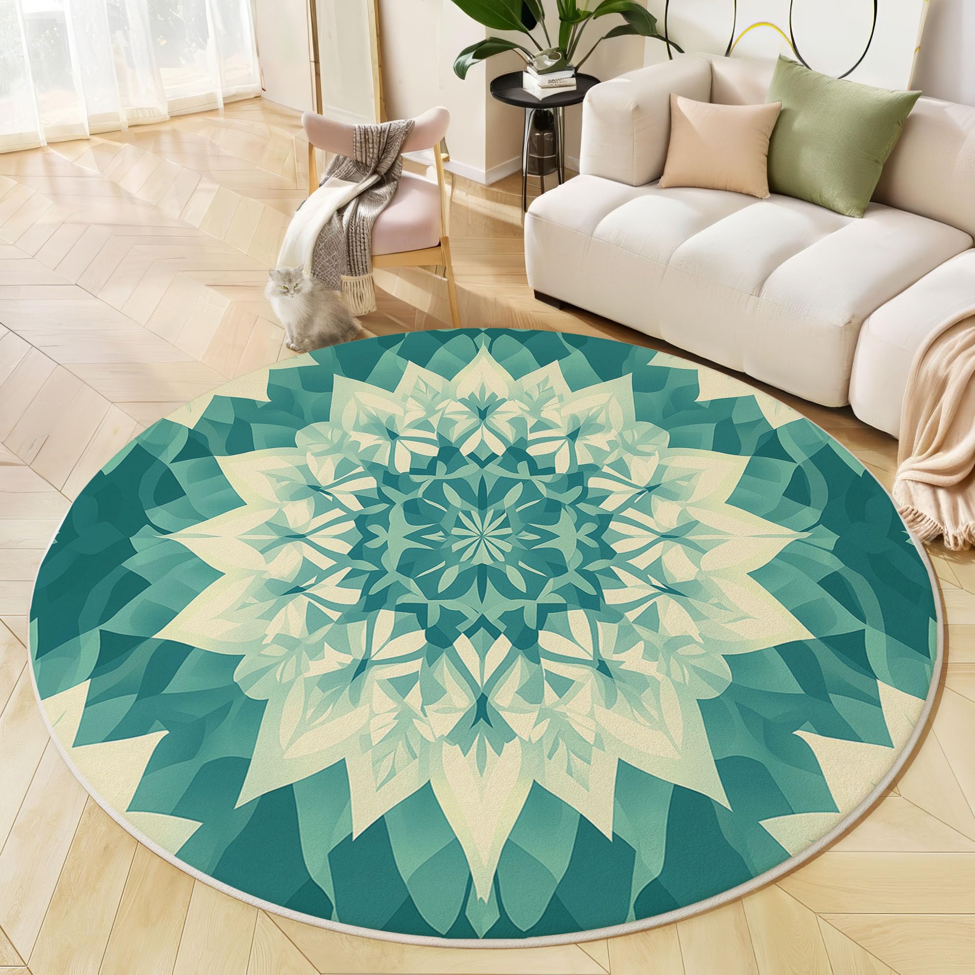 Tapis Poil Ras Rond Art Géométrique Tapis Rond Mandala Doux et antidérapant - Lavable en Machine - pour Salon, Chambre à Coucher, Salle à Manger, 180cm, Bleu-Vert