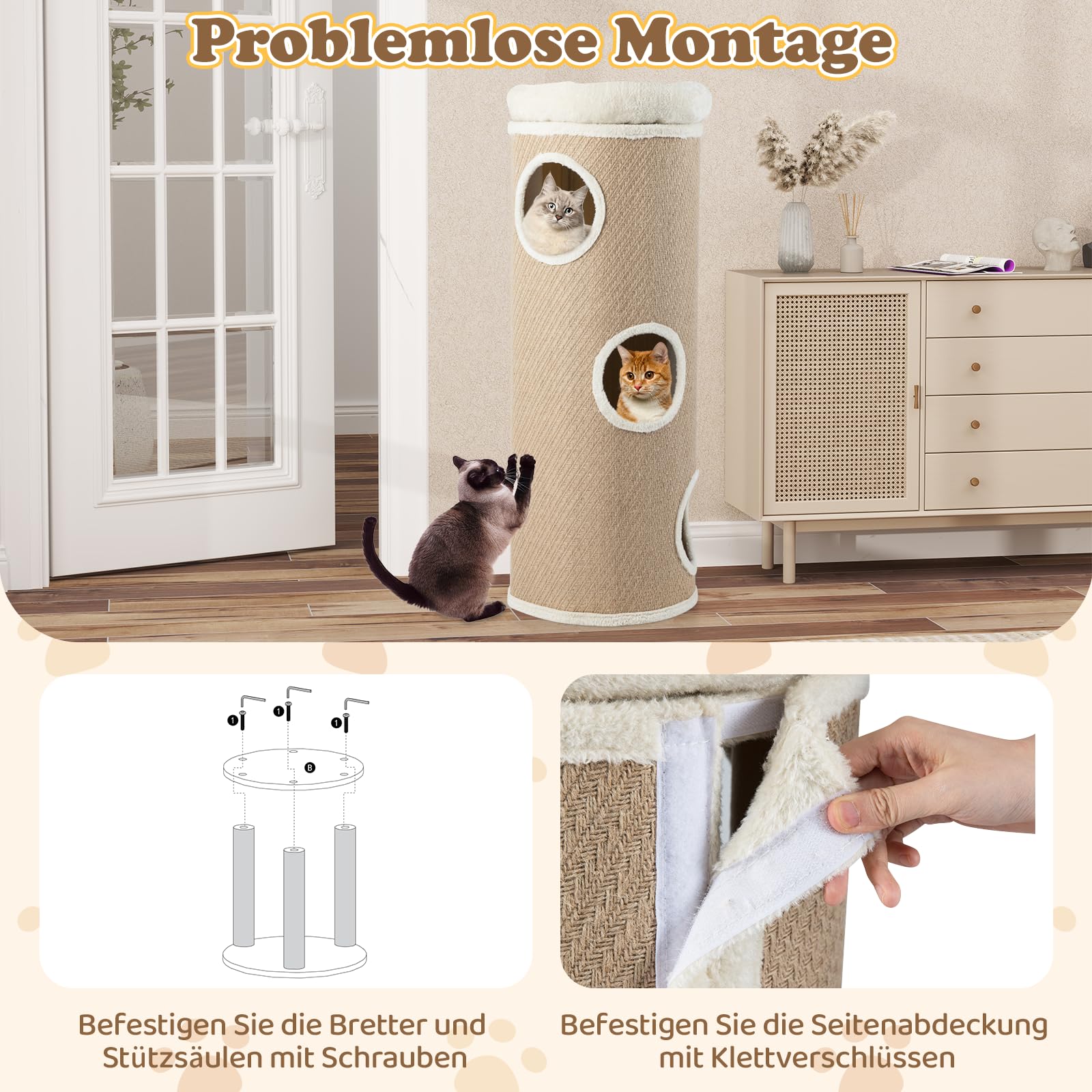 GYMAX Cueva para Gatos de 3 Pisos, Barril Rascador para Gatos con Mirador Acolchado Superior, Pared de Bambú y Tejido Transpirable, 2 Tablas de Rascado de Sisal y 3 Entradas (Beige)