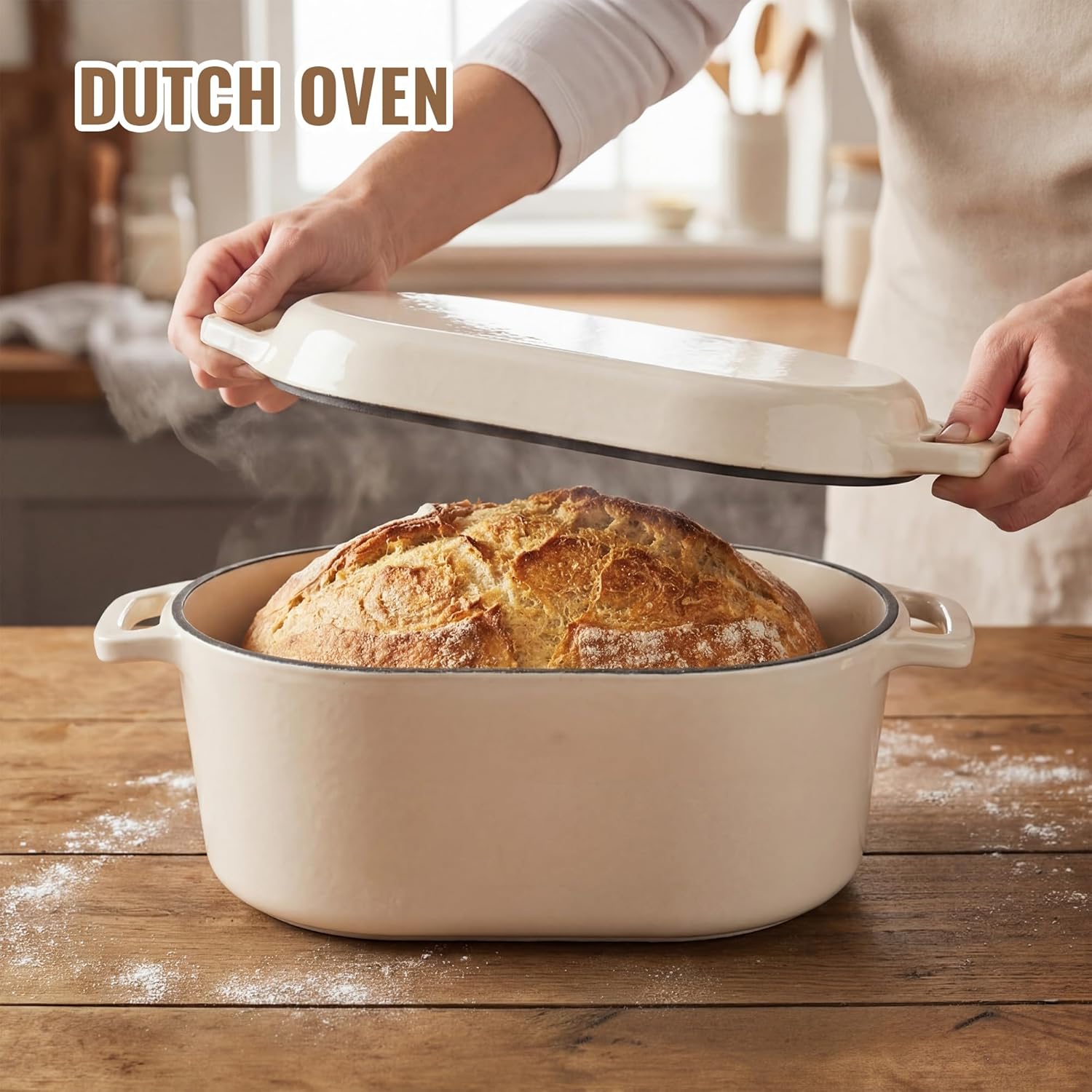 Dutch Oven for Bread Baking, 3.4 QT Bread Dutch Oven for Sourdough, Enamelled Cast Iron Bread Oven with Lids, Heavy-Duty Non Stick Sourdough Loaf Pan, Meatloaf Pan, Beige