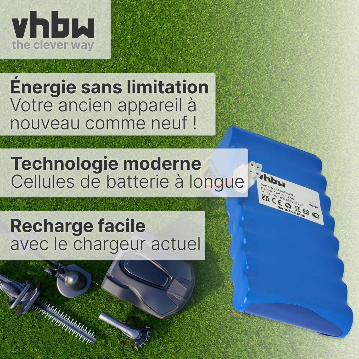 vhbw Bloc de Batteries Compatible avec Husqvarna Automower 550 (Jusque 2019/2020), 520 (Jusque 2019/2020) Robot Tondeuse (5200mAh, 18V, Li-ION)