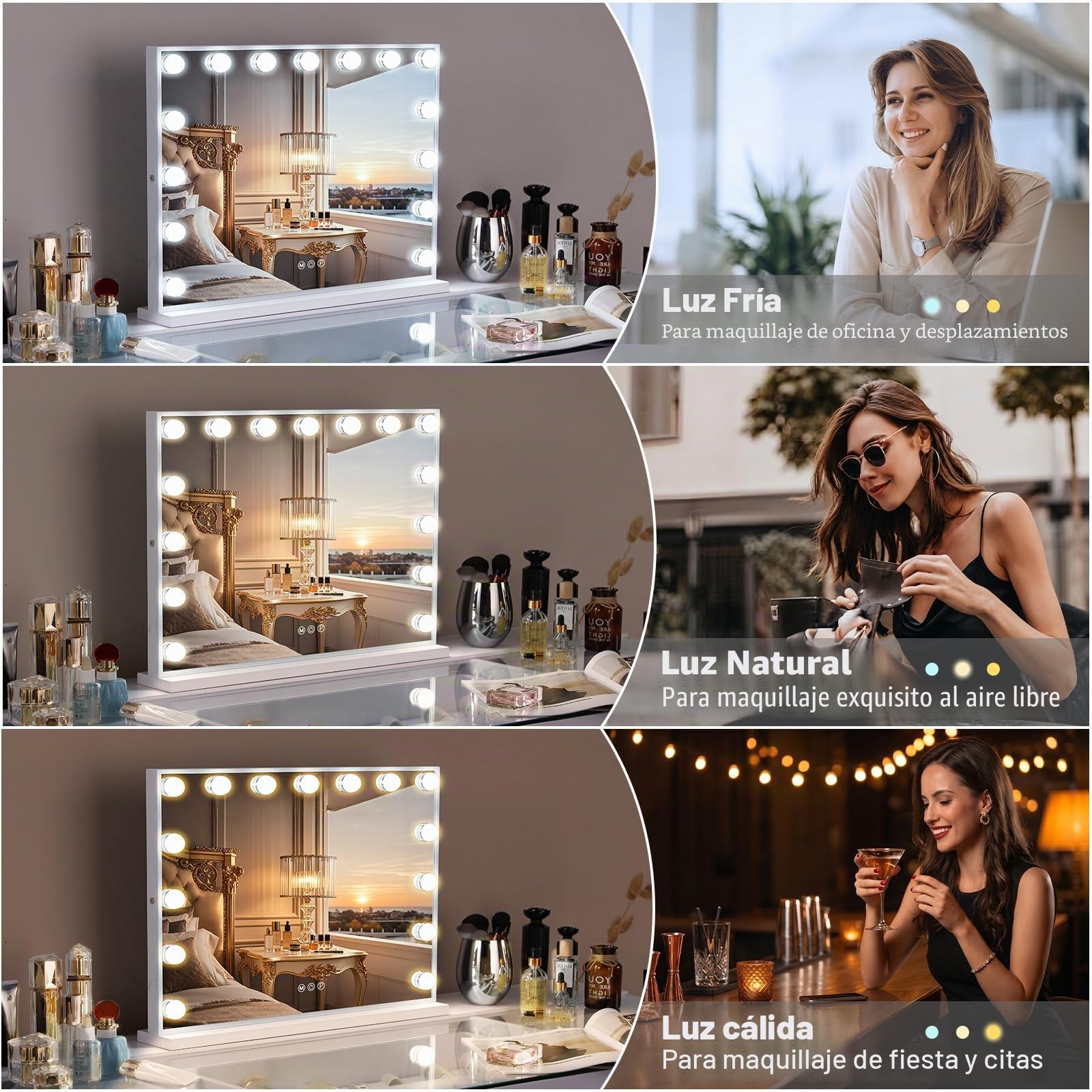 FENCHILIN Espejo Hollywood de Maquillaje con Luz, Tocador con 15 Bombillas LED Rgulables y Puerto USB - Espejo de Pared o Mesa, 58x46 cm