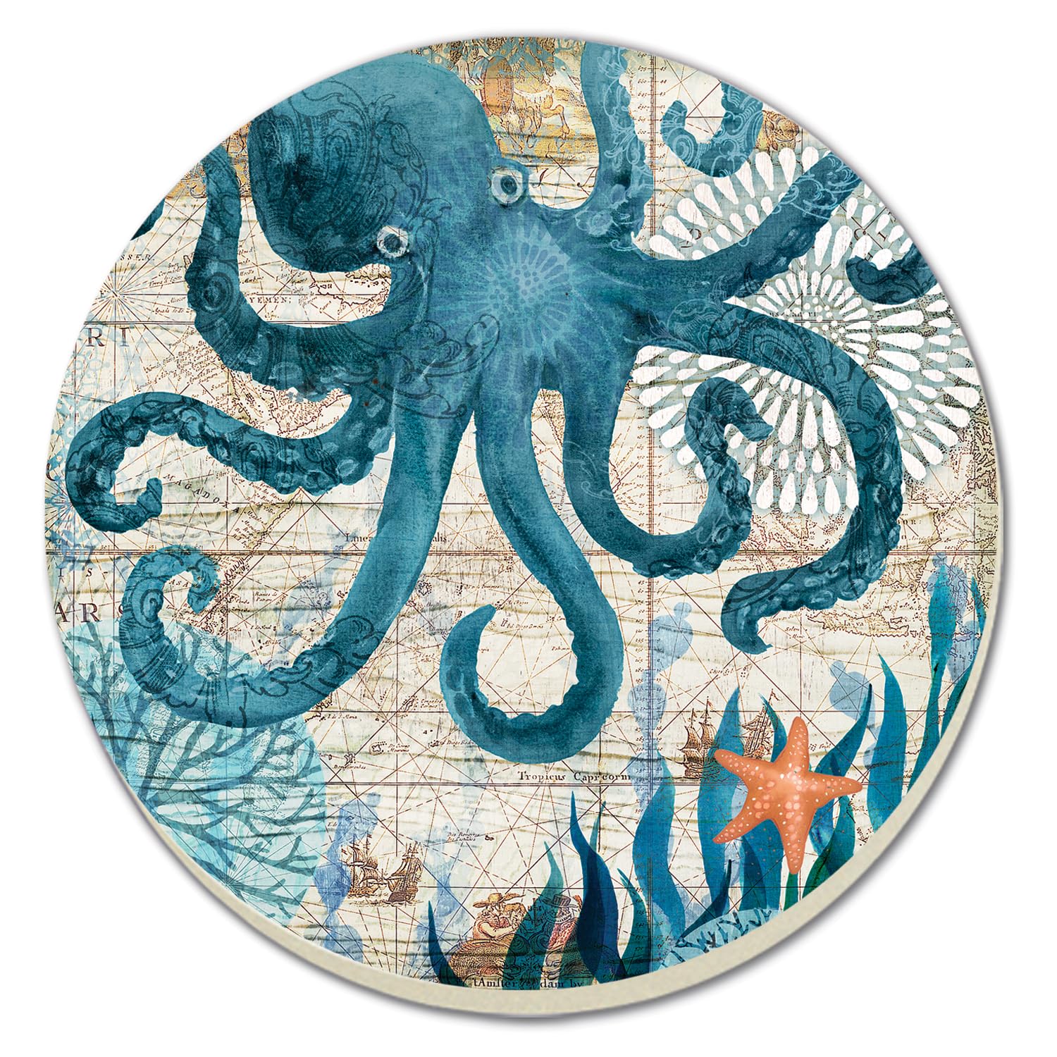 Monterey Bay Octopus 4-Pack Round Absorbent Stone Coasters with Protective Cork Backing Manufactured in The USA