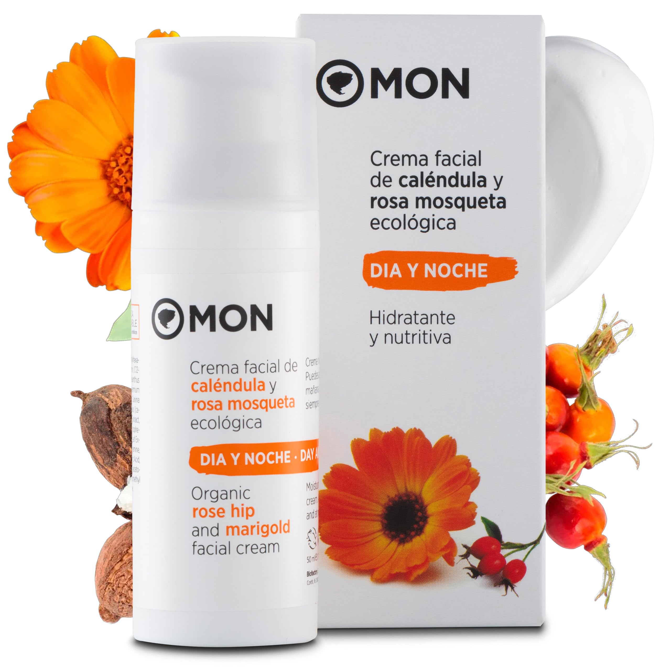MON Crema de Caléndula y Rosa Mosqueta - 100% Origen Natural - Crema Facial Día y Noche - Con Manteka de Karité BIO - Perfecta para Pieles Sensibles - 50 ml