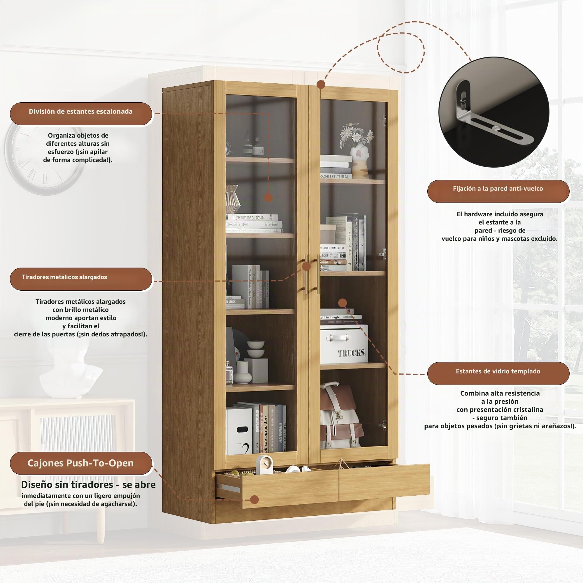 Vitrina de cristal (gabinete de oficina/estantería/archivador/estantería) – estantes escalonados, no ajustables, cajones push to abiertos sin asas, 80 x 40 x 160 cm, color madera