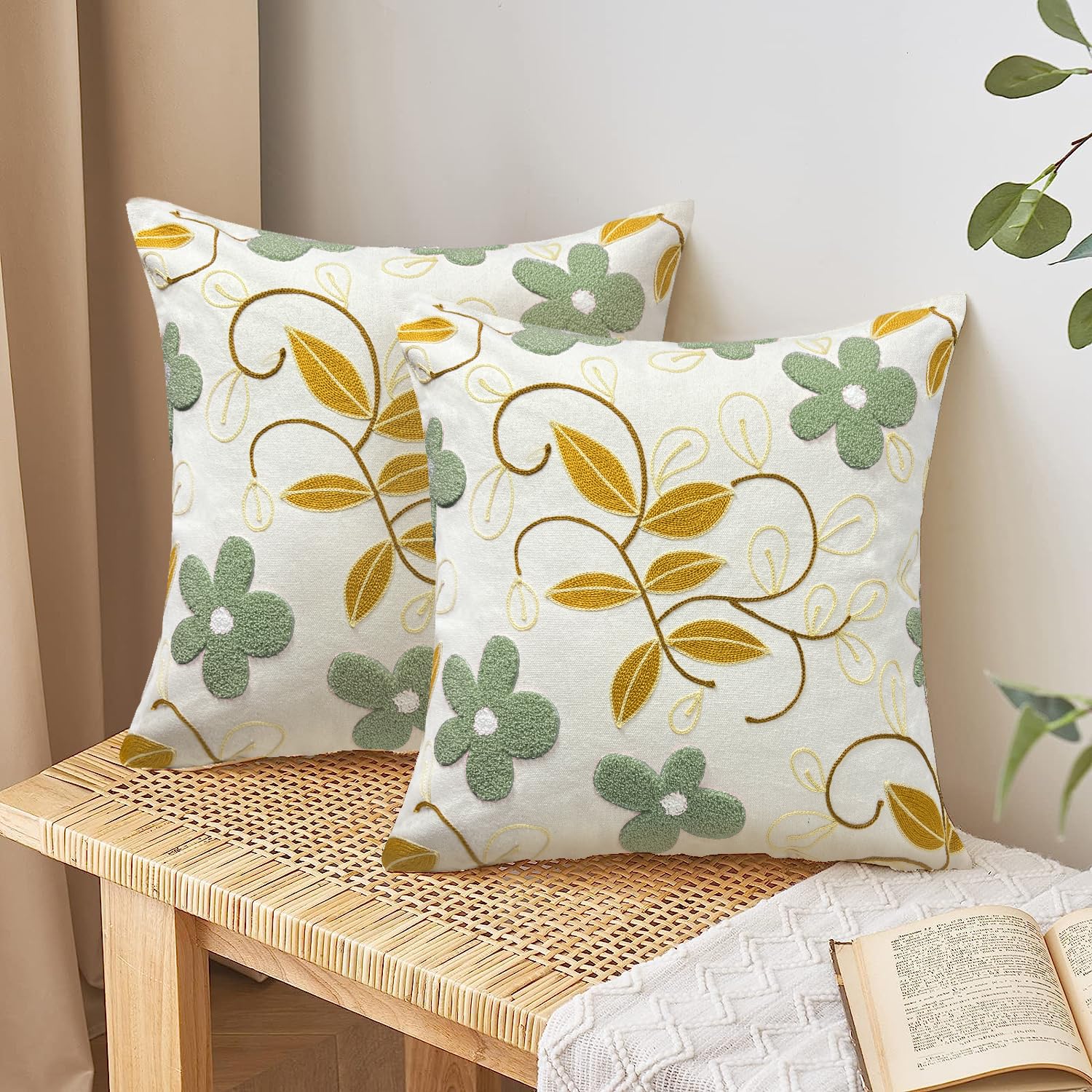 WOKANI Spring Outdoor Throw Pillow Covers 18x18 Set of 2 Embroidery Leaf Garden Flowers Farmhouse Patio Decorative Cushion Covers Home Decor Couch for