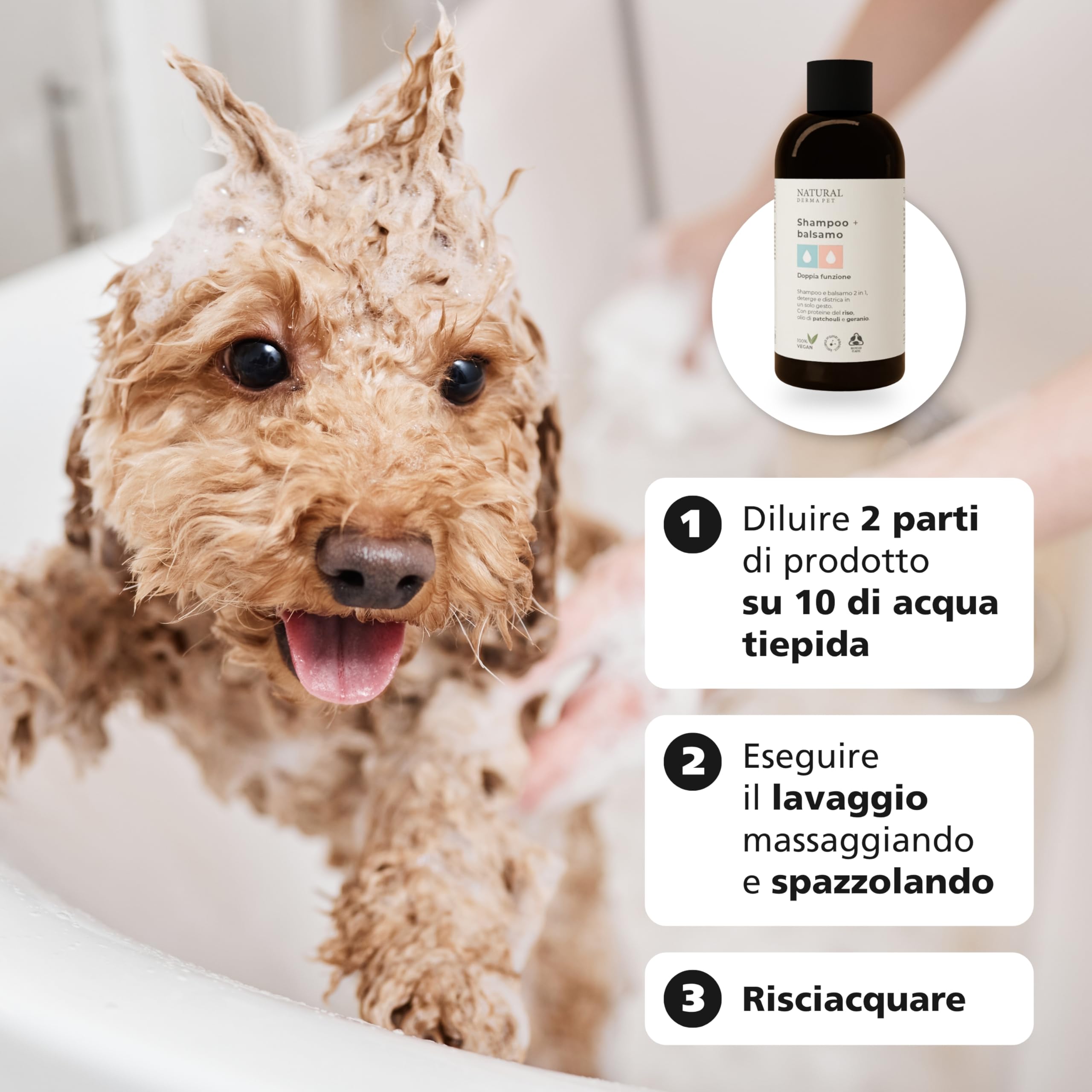 Natural Derma Pet Shampoo e Balsamo per Cani 2 in 1 – Deterge e Districa in modo Facile e Veloce, per un Pelo Pulito, Morbido e Profumato – 200 ml – Made in Italy - 100% Vegan