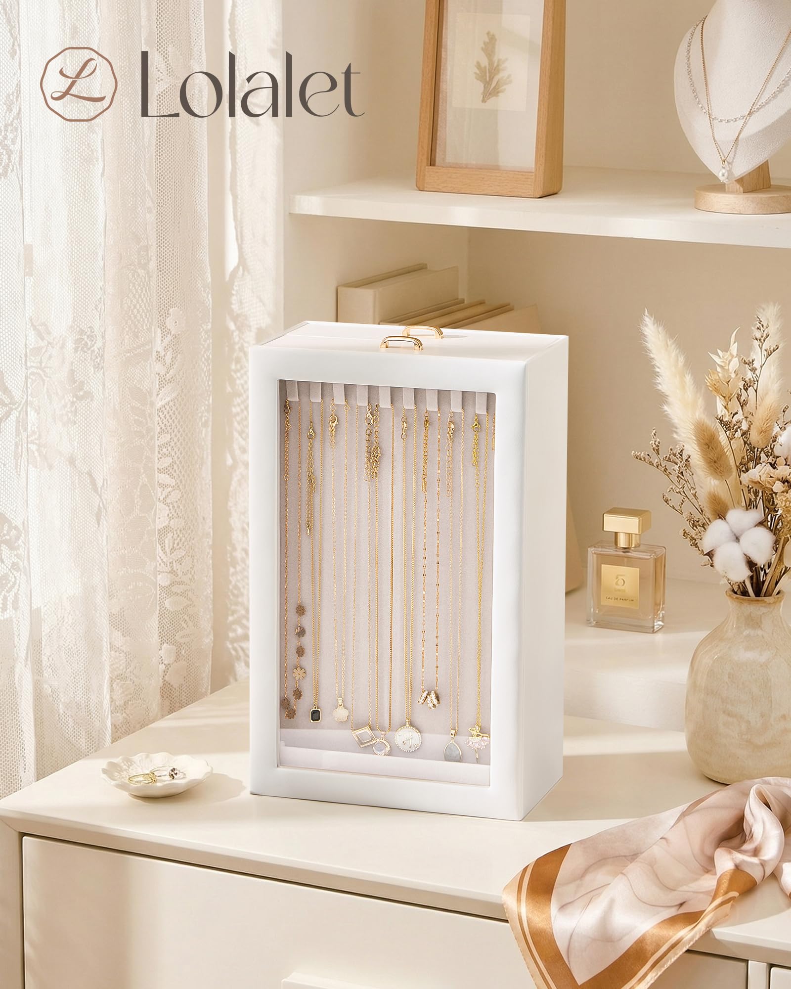 Lolalet Rangement Colliers Vertical Double Face, Boîte à Colliers avec Fenêtre Transparente, Présentoir à Bijoux Grande Capacité -2 Niveaux, Blanc