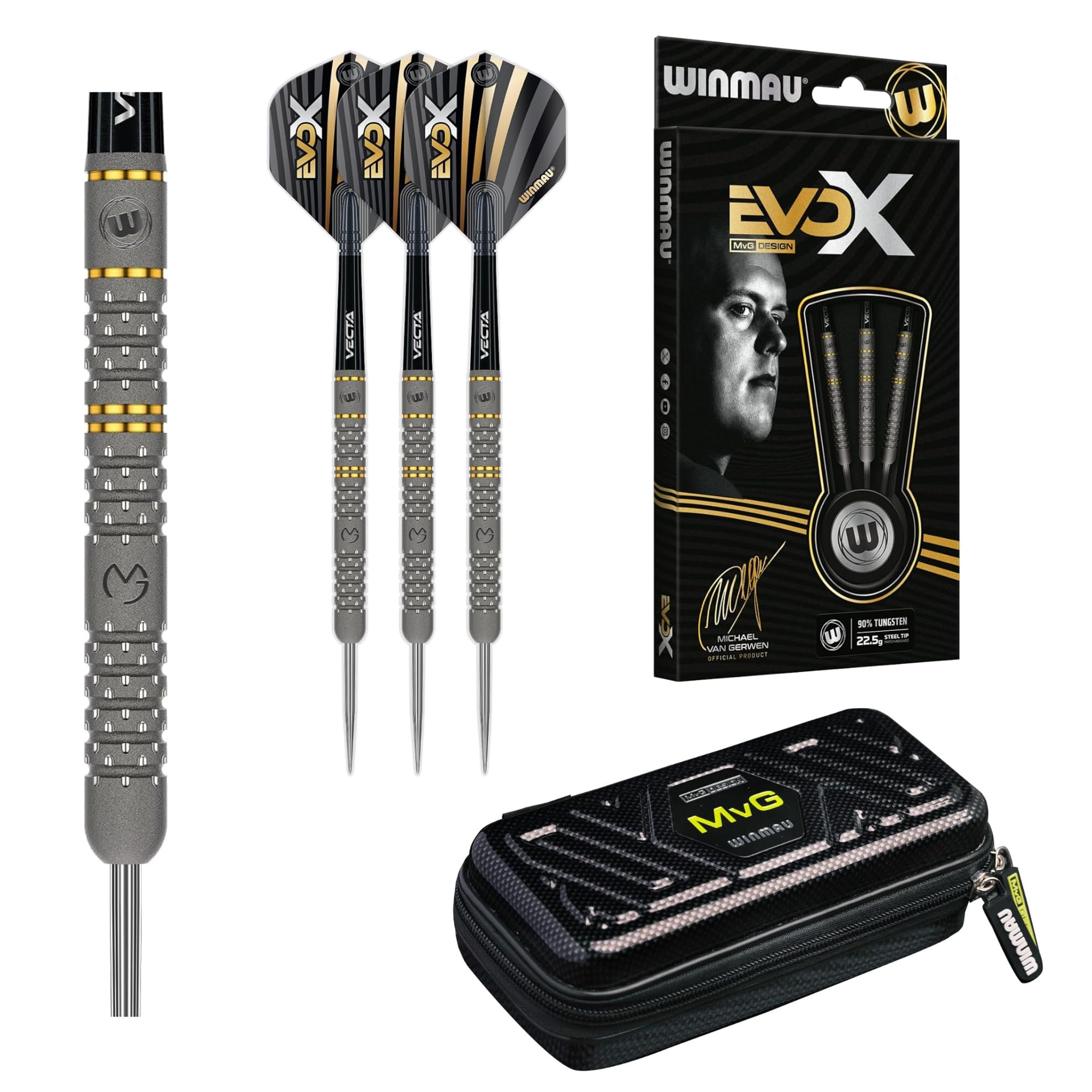 WINMAU Michael Van Gerwen EvoX Darts Set & MVG Armor G1 Case Combo – 22.5 g - 90% Wolfram Profi-Set + Robuste Dart-Aufbewahrungstasche