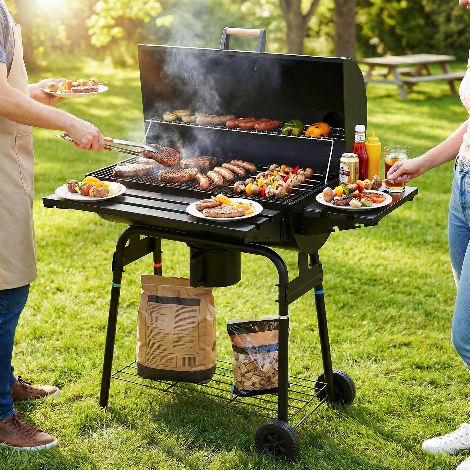 TLSUNNY Barbecue a Carbone con Coperchio, Barbecue da Giardino con Camino, Termometro, 2PCS Ruote, Fessure di Ventilazione Regolabili, Affumicatore BBQ Smoker per Giardino, Terrazzo, Campeggi