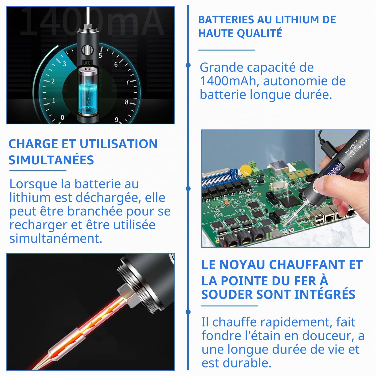 Kit de fer à souder sans fil, portable, rechargeable par USB, avec mode d'éclairage, LCD et 2 pointes interchangeables, 8 W, 5 températures réglables (260 ℃ à 420 ℃) pour réparer le soudage