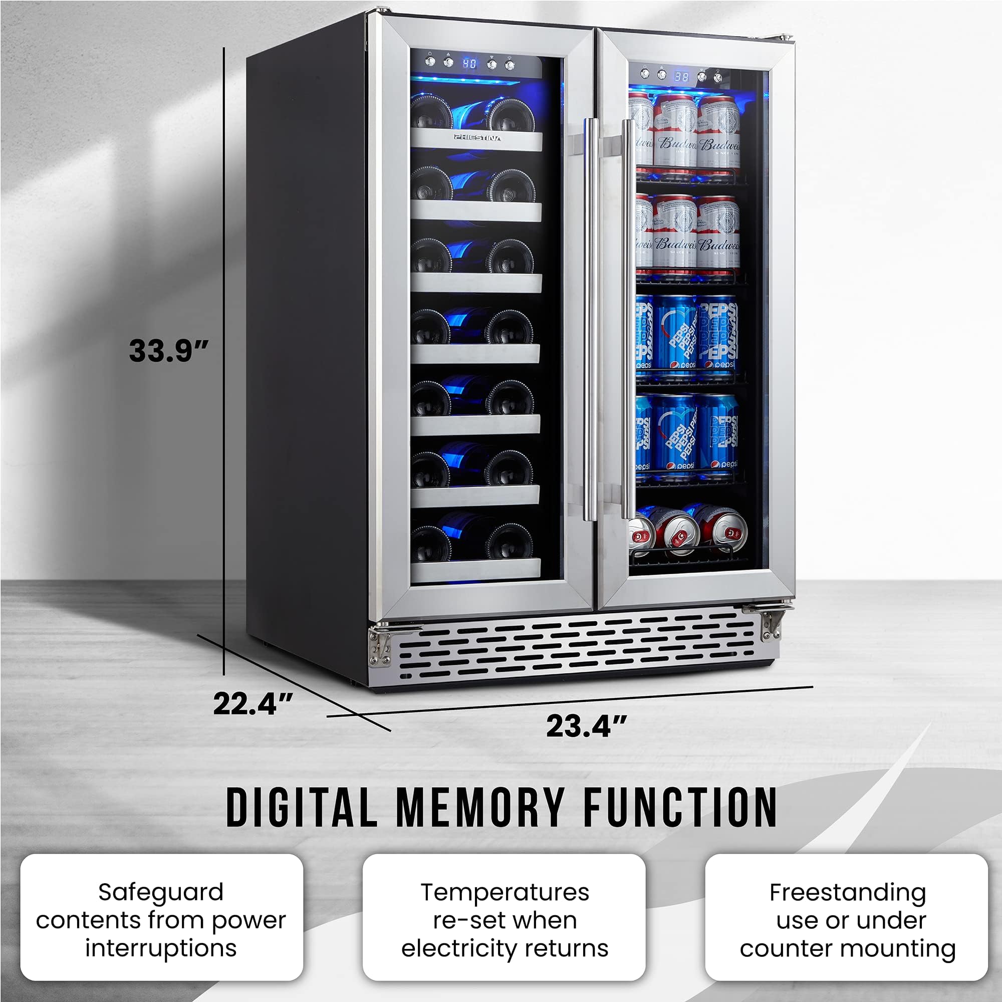 Phiestina Beverage Refrigerator, 24 Inch Wine and Beverage Fridge, Under Counter Wine Cooler- 20 Bottles & 78 Cans, Built-in/Freestanding Dual Zone with Glass Door on Fridge.com