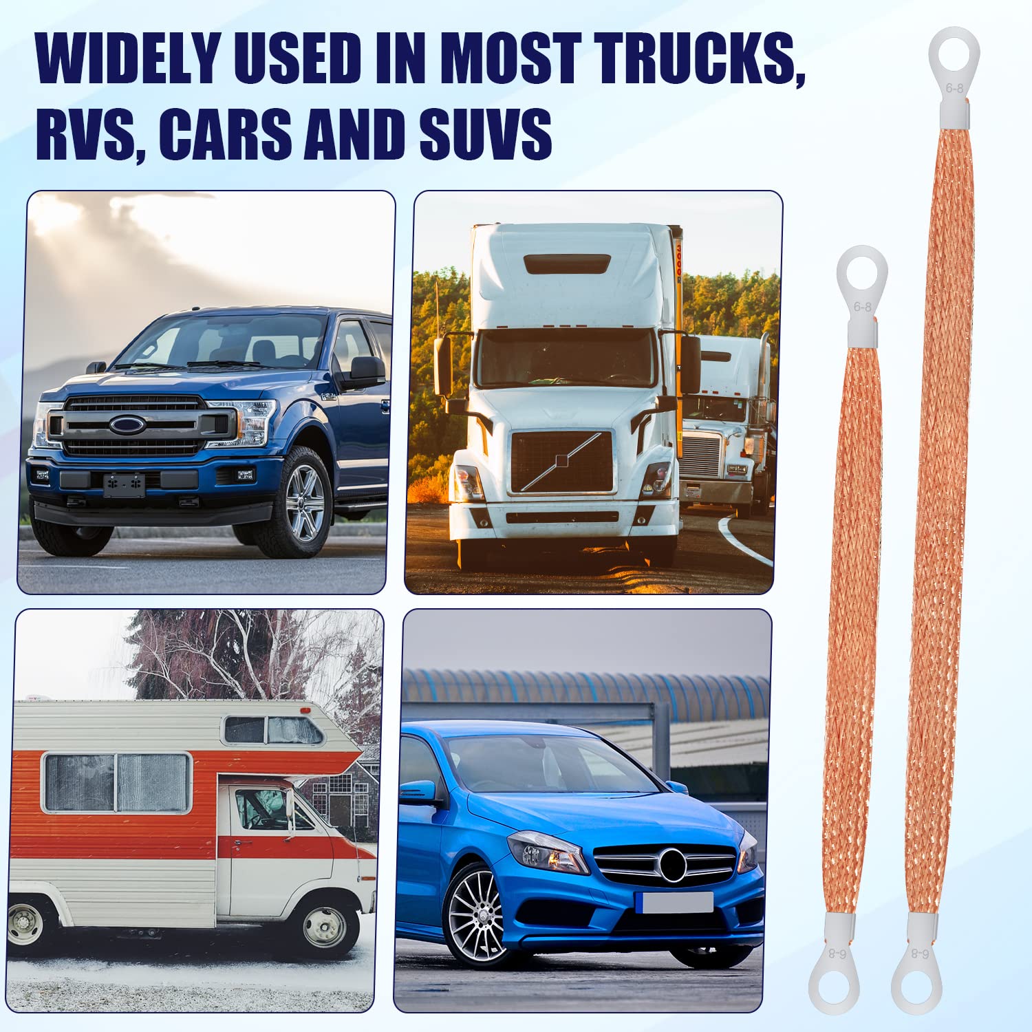 4 Szt. Universal Automotive Grounding Strap, 33cm / 25cm Ground Strap Wire Solidna Tkana Zestaw Samochodowych Pasów Uziemiajacych z 5/16" Zaciskami Pierscieniowymi (Miedz)