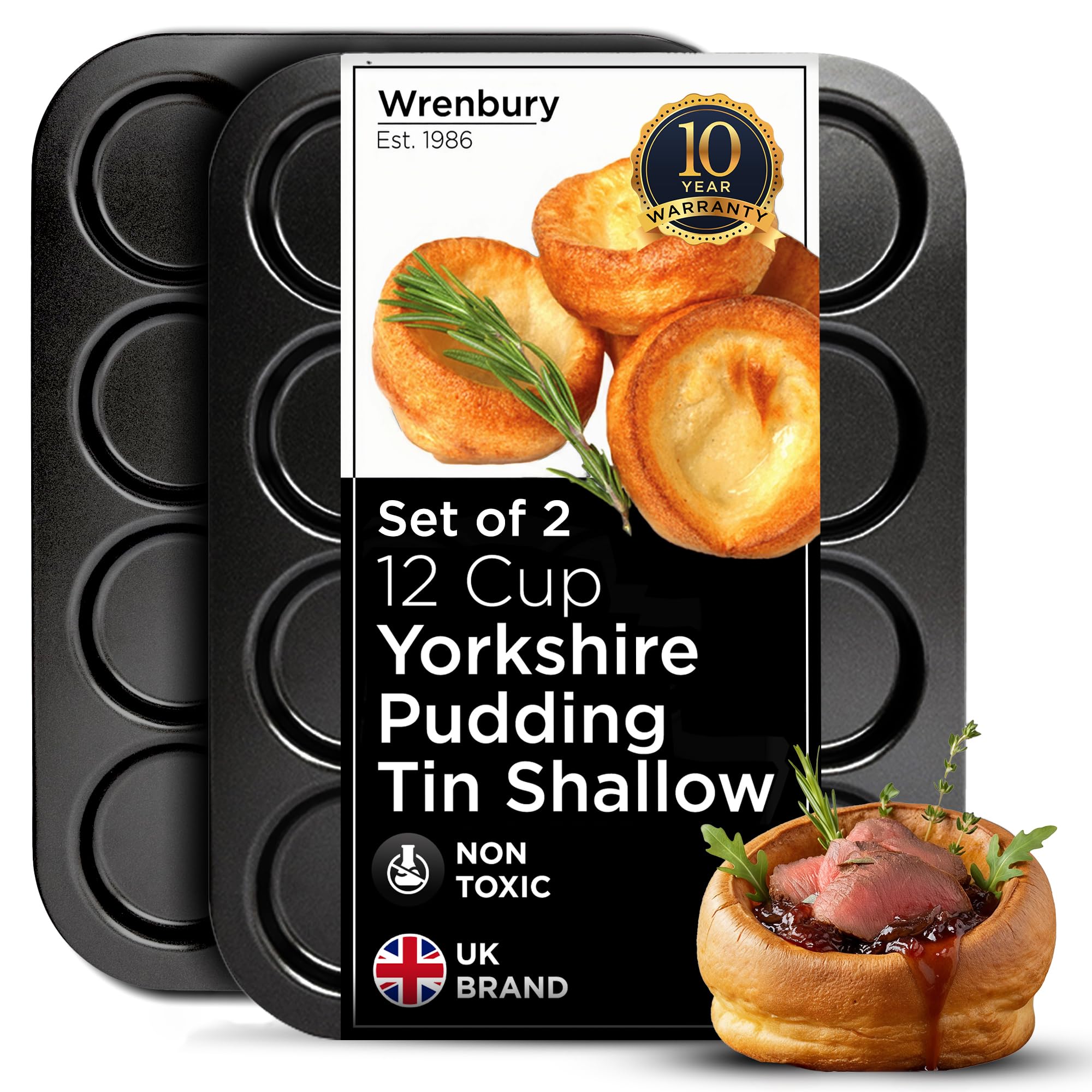 Wrenbury Juego de 2 bandejas para pudín Yorkshire de 12 tazas, antiadherente, acero al carbono, ideal para pudines de Yorkshire más pequeños y sapos en el agujero