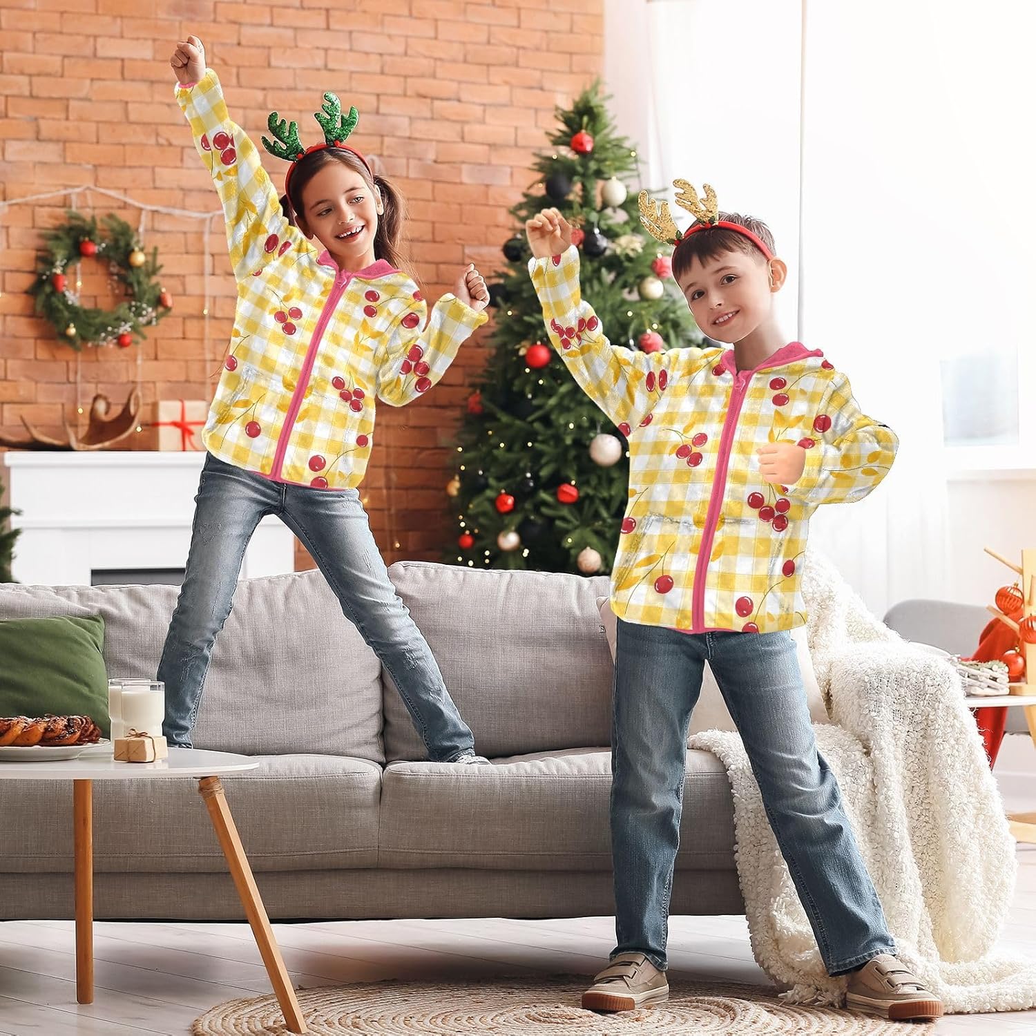 Girls Hoodie Outfit Red Cherry Yellow White Plaid Pattern Zipper Sweatshirt Coat Fleece Jacket for Kids 3-10T