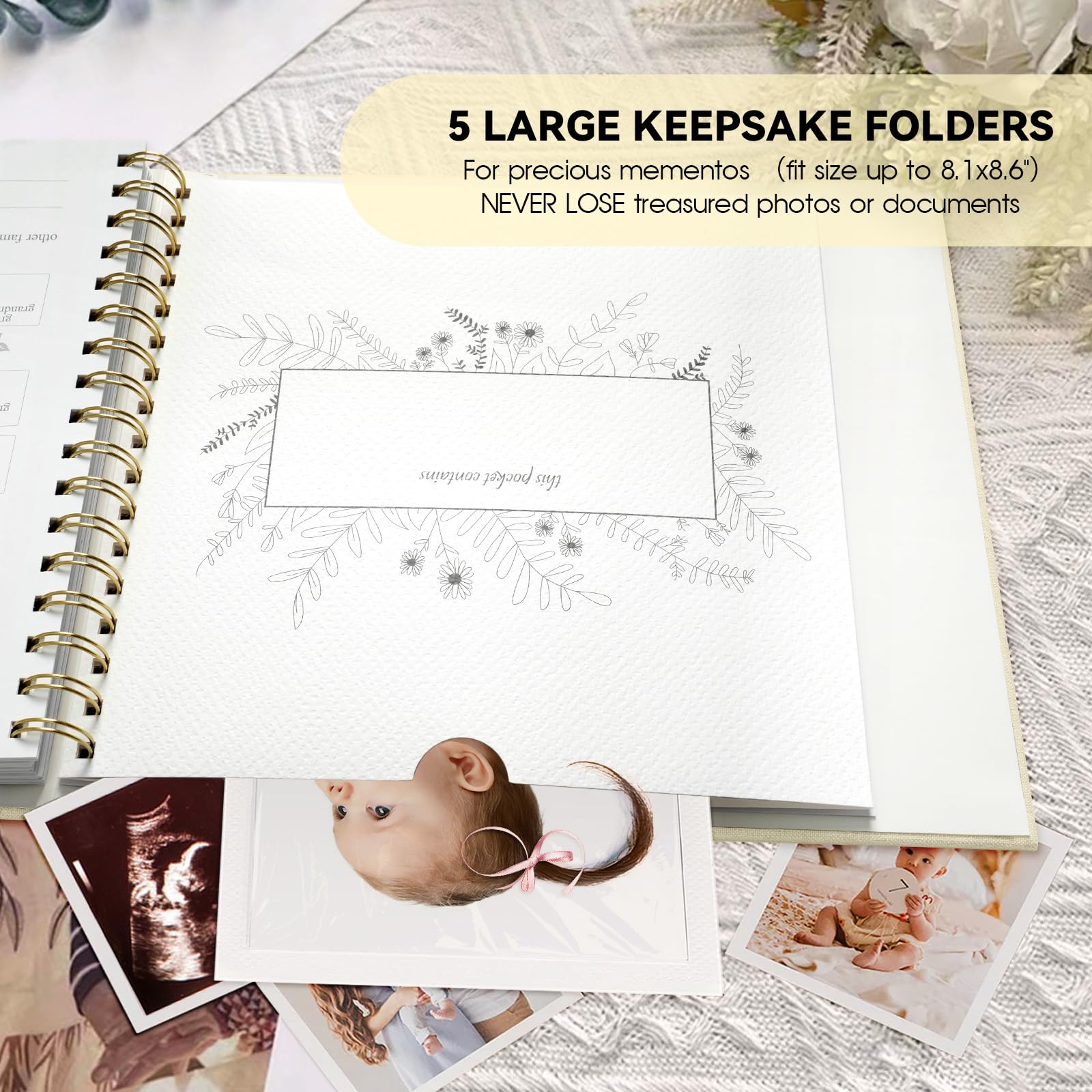 Timeless First 5 Years Keepsake Baby Memory Book para niño o niña, cubierta de lino de lujo, páginas libres de ácidos, diario neutro para bebé, libro de hitos o álbum de recortes, graba tu historia