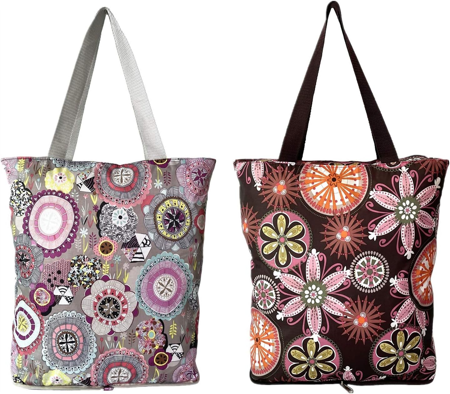 NC Large Foldable Waterproof Lightweight Durable Reusable Grocery Tote Bags, Sturdy Daily Shopping Tote Bag, Colorful Floral Style with Zipper Closure, 2 Pack - Image 7