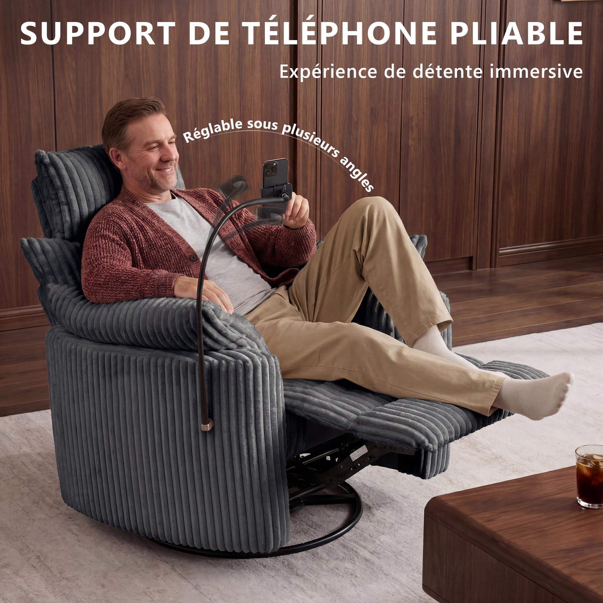 DEKKETO Fauteuil Relax Pivotant 360°, Inclinable & Basculant, Gris | Manuel, Velours Côtelé, Zéro Gravité, Support Téléphone, Dossier Réglable, Appuie-tête, pour Salon, Chambre Bébé, Home Cinéma