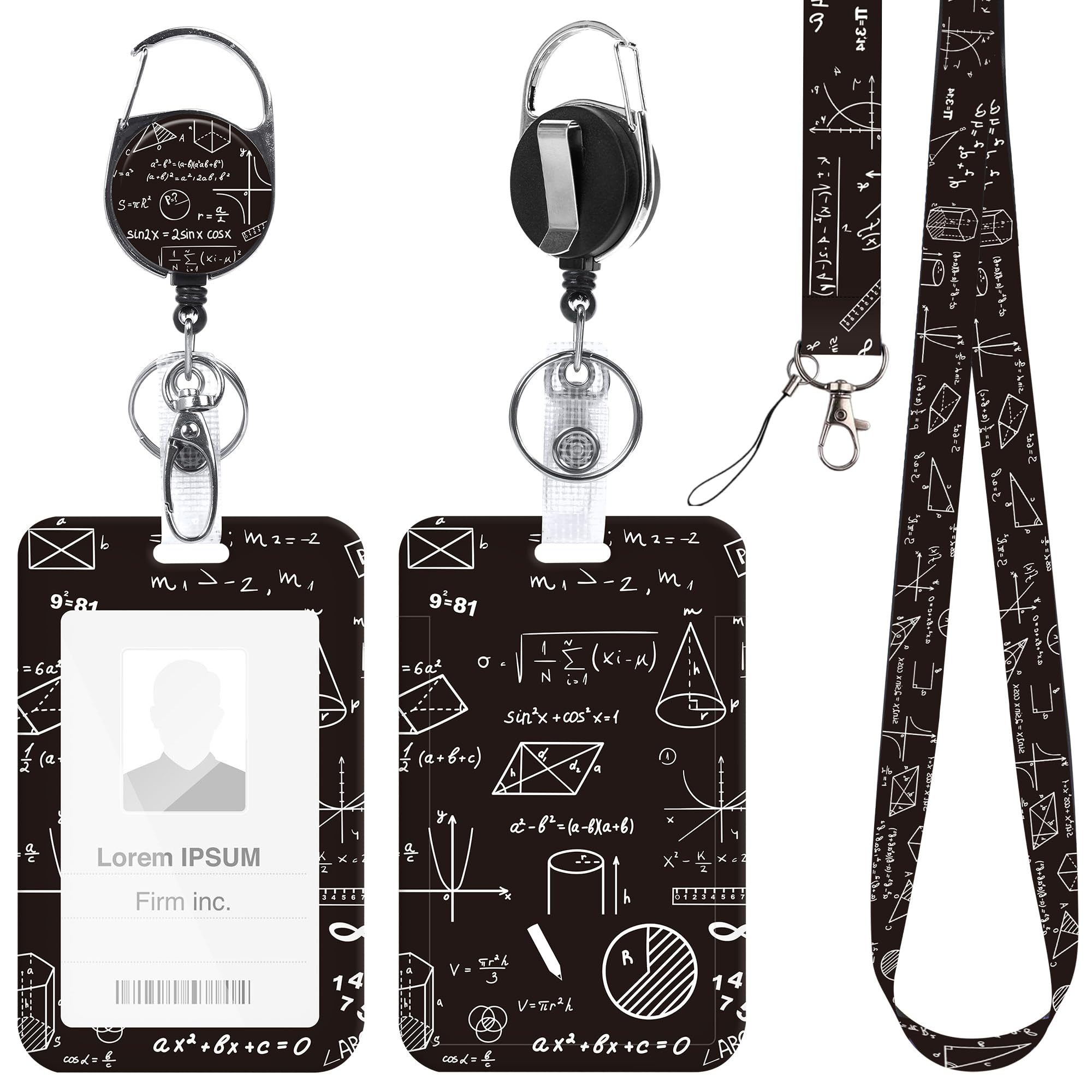 Badge Holder with Retractable Reel Clip and Lanyard, Math Theme Black Teacher Lanyard with ID Holder, Gift for Math Teacher Student