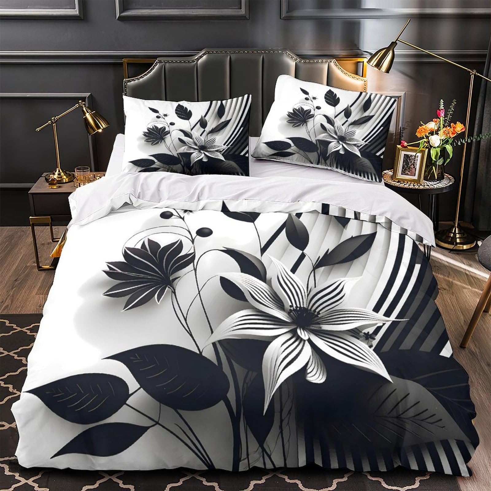 MMDASBVPE Blackandwhitefloral Quilt Cover 3D Print Anti-allergic 3 Pieces Bed Set Hidden Zipper Comforter Cover Ultra Soft All Season for Adults Kids Teens Women Youth Teenagers Super king（260x220cm）