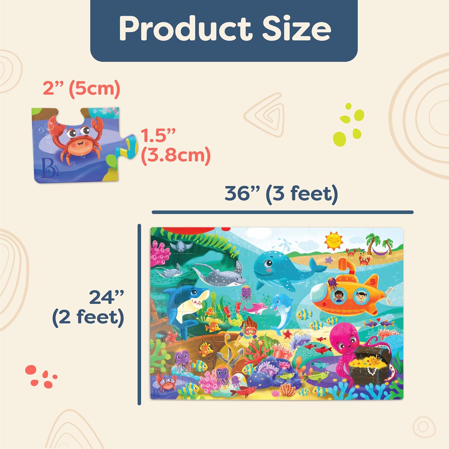 B. toys – Under The Sea Floor Puzzle – Kids Puzzles Jigsaw Puzzles – 48 Pieces Kids Puzzle with Ocean Animals – Educational 24 x 36-Inch Learning Toy for 3+ Years – Colorful Marine Life Adventure-Inch