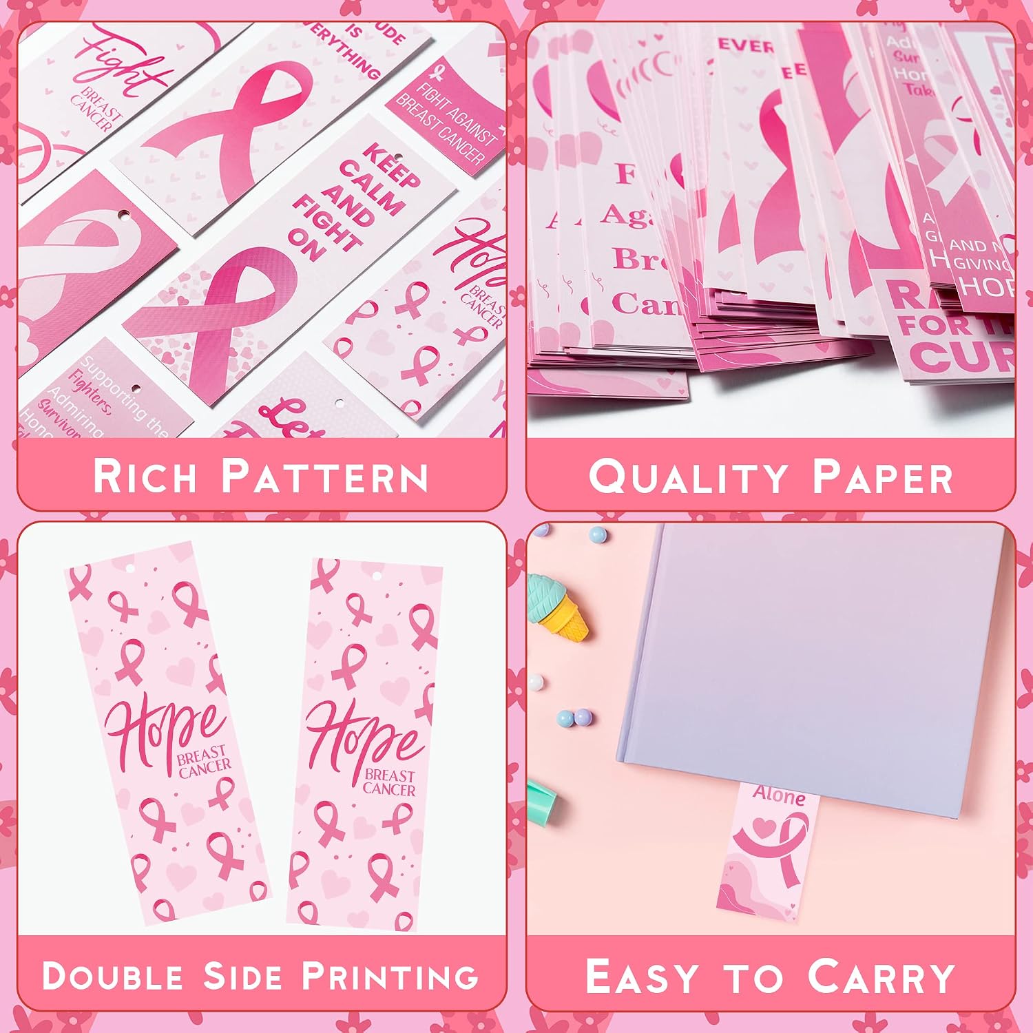 Haooryx Breast Cancer Awareness Bookmarks - 123 Pcs Pink Power Fight Breast Cancer Book Marks Keep Calm and Fight On Breast Cancer for Girls Women Breast Cancer Awareness Seminar Stationery Supplies