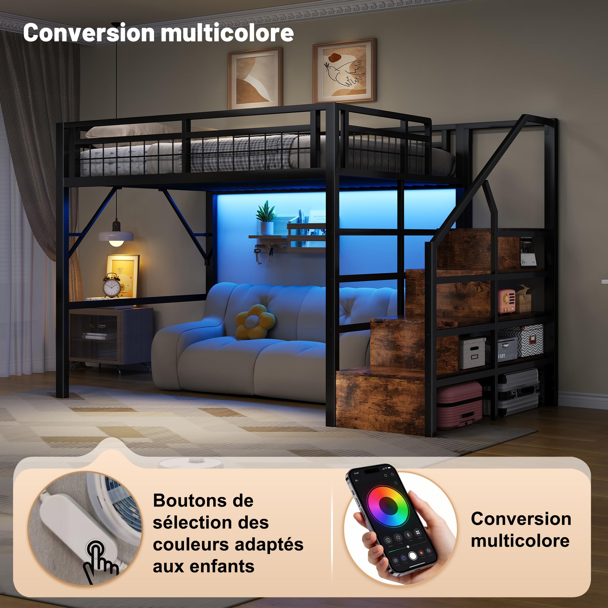Letto a soppalco in metallo 140 x 200 cm, con luce LED, Letto matrimoniale a soppalco, spazio utilizzabile sotto il letto, scala di sicurezza con vano contenitore, Nero (materasso non incluso)