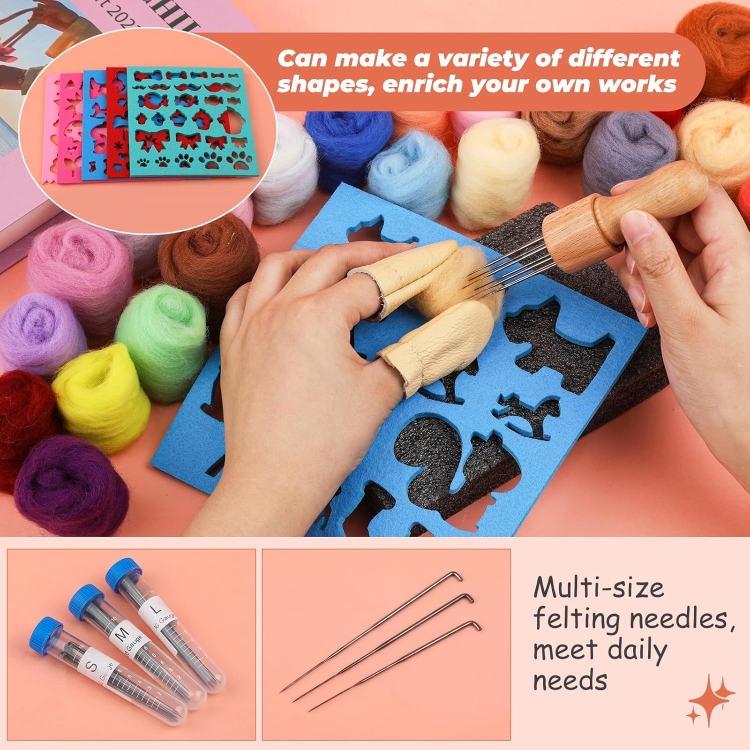 QMNNMA 241 Pcs Needle Felting Kit - Complete Needle Felting Tools and Supplies with Felt Wool 50 Colors, Felt Molds, High Density Foam Pad Storage Box for DIY Craft Animal Home Decoration