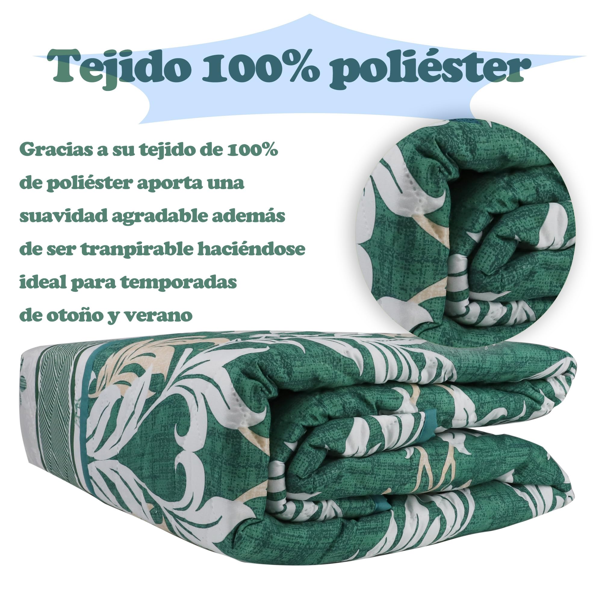 various - Colcha Bouti Estempada para Verano y Premivera,Reversible Color de Verde + 2 Funda Cojin 50x70 cm,Colcha Cubrecama Ligera Fina,Entretiempo 100% Poliéster. (Cama 135-230 x 260cm)