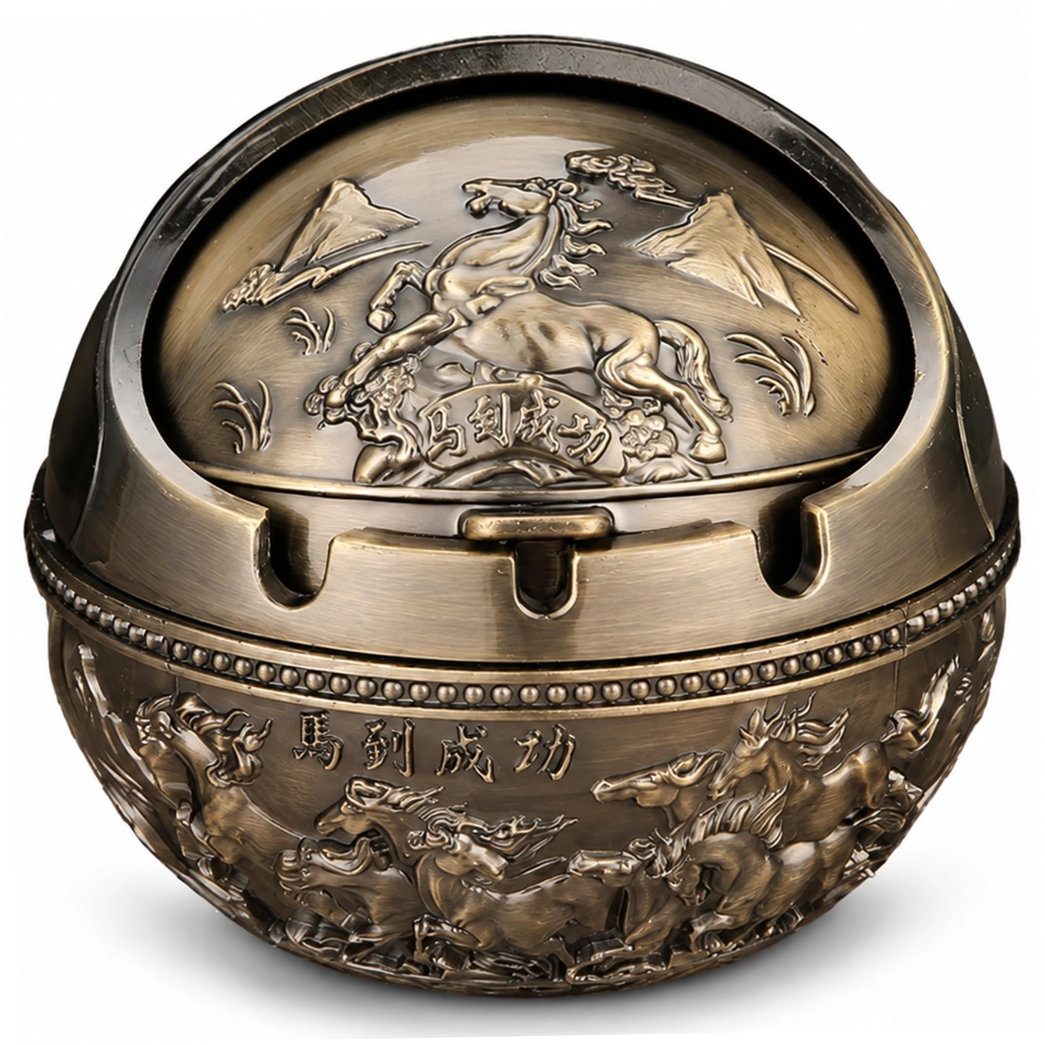 Striegro Ashtray Funny, Funny Odorproof Ashtray with Rotating Lid Small Bronze Alloy Spherical Decor, Success.