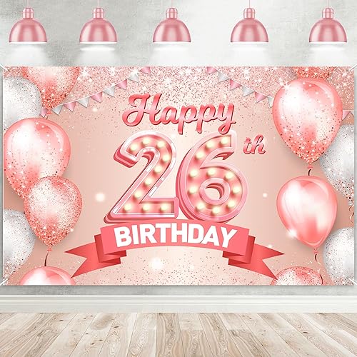 Cartel de feliz cumpleaños 26 de oro rosa con texto en inglés "Cheers to 26 años", globos de confeti, decoración temática para mujeres de 26 años,