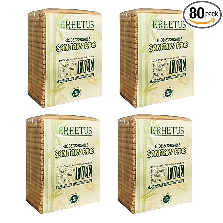 ERHETUS Premium Biodegradable Sanitary Pads for Women | Eco-Friendly Natural & Organic Cotton Base Bamboo Sanitary Napkins for Comfortable and Rash Free Periods - 80 pads (combo of 4*20 pad ,XL,290mm)
