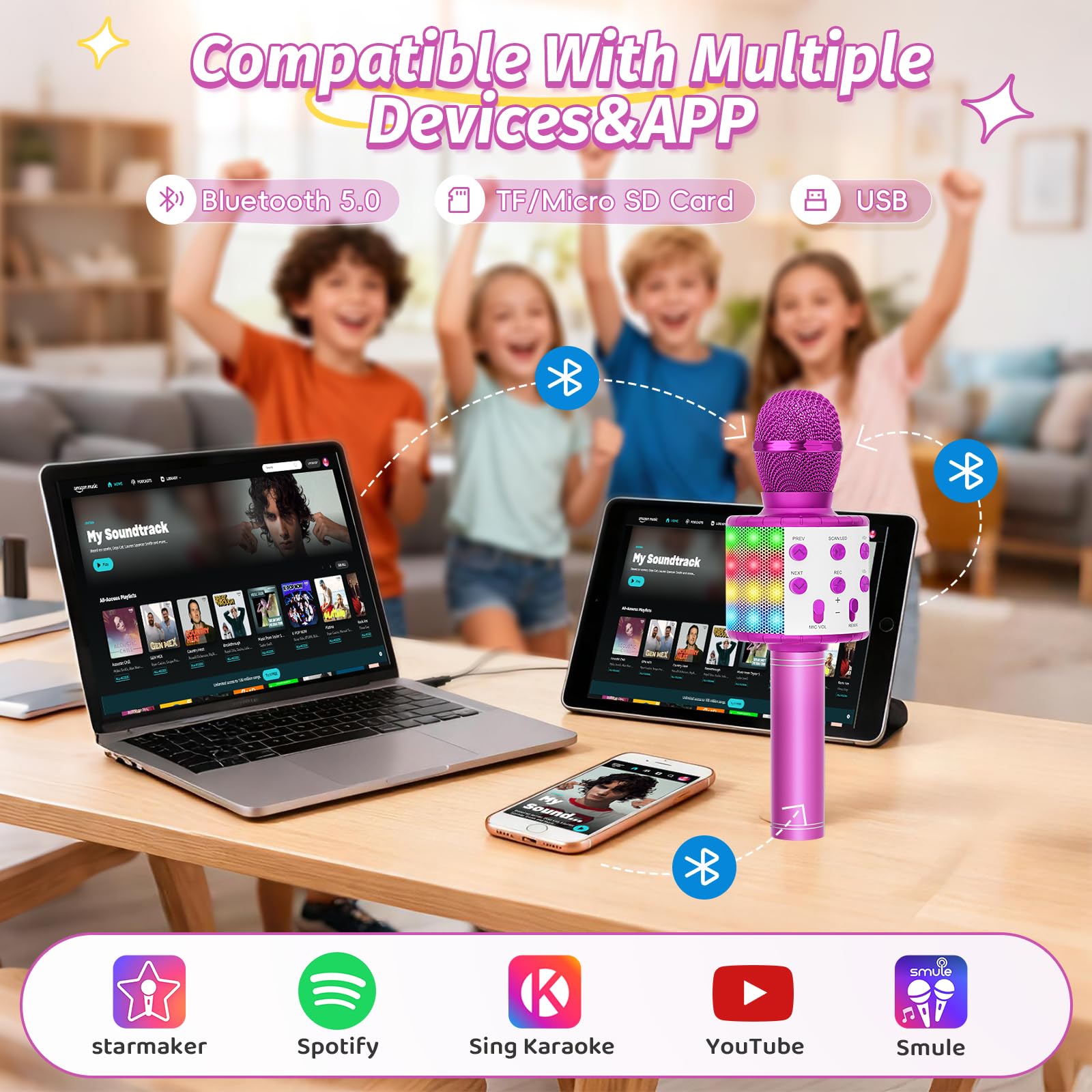 Fede Microphone Karaoké sans Fil Bluetooth avec Lumière LED Multi Couleur, Micro à Main Portable Haut-Parleur pour Enfants/Adultes Chanter, Compatible avec Android/iOS/PC/Smartphone