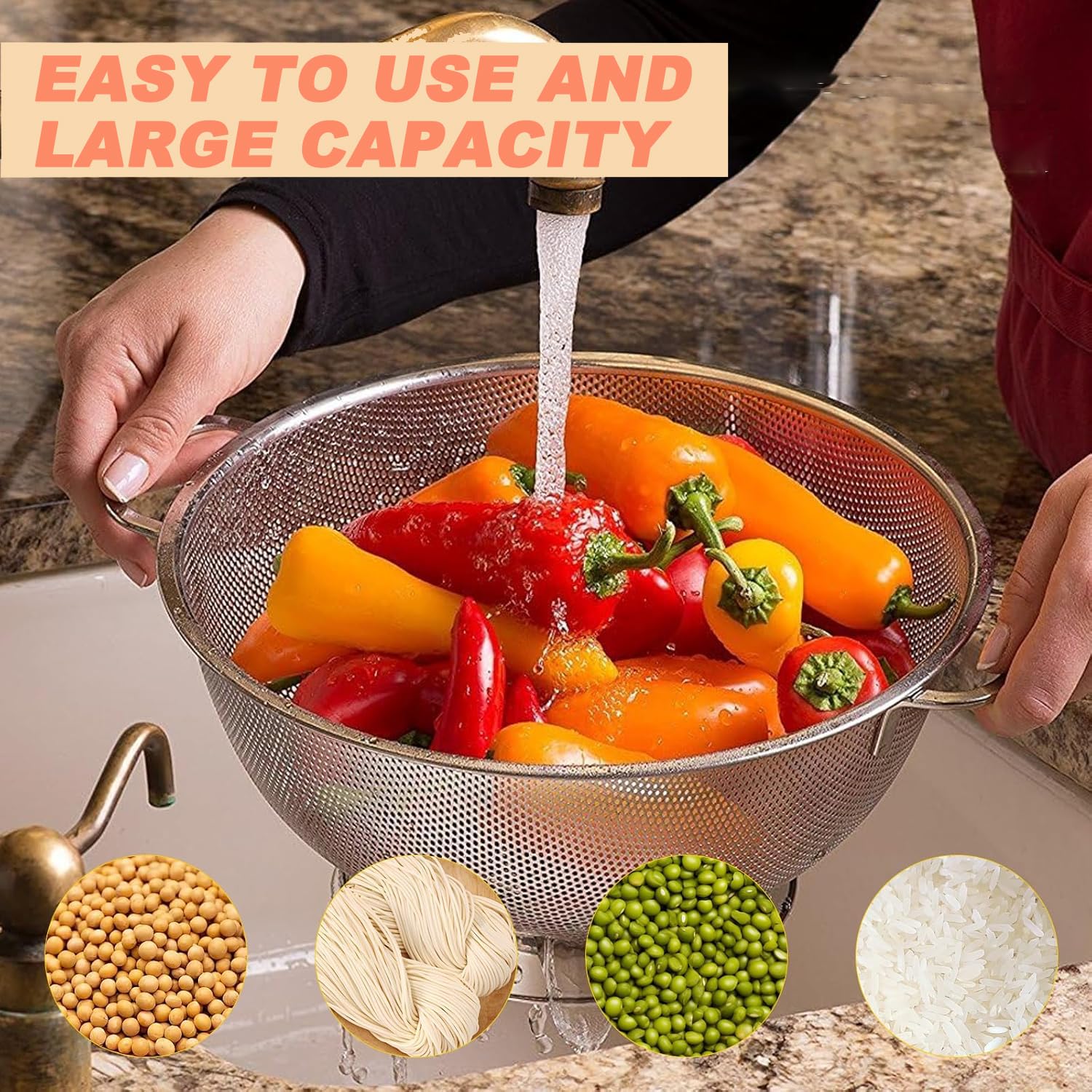 Scolapasta Microforato in Acciaio Inox Ø 28,5 cm Filtro Professionale con Manici Heavy Duty e Autodrenante Solido Anello Base Scolapasta per Quinoa, Cereali, Riso, Frutta, Verdura e Pasta