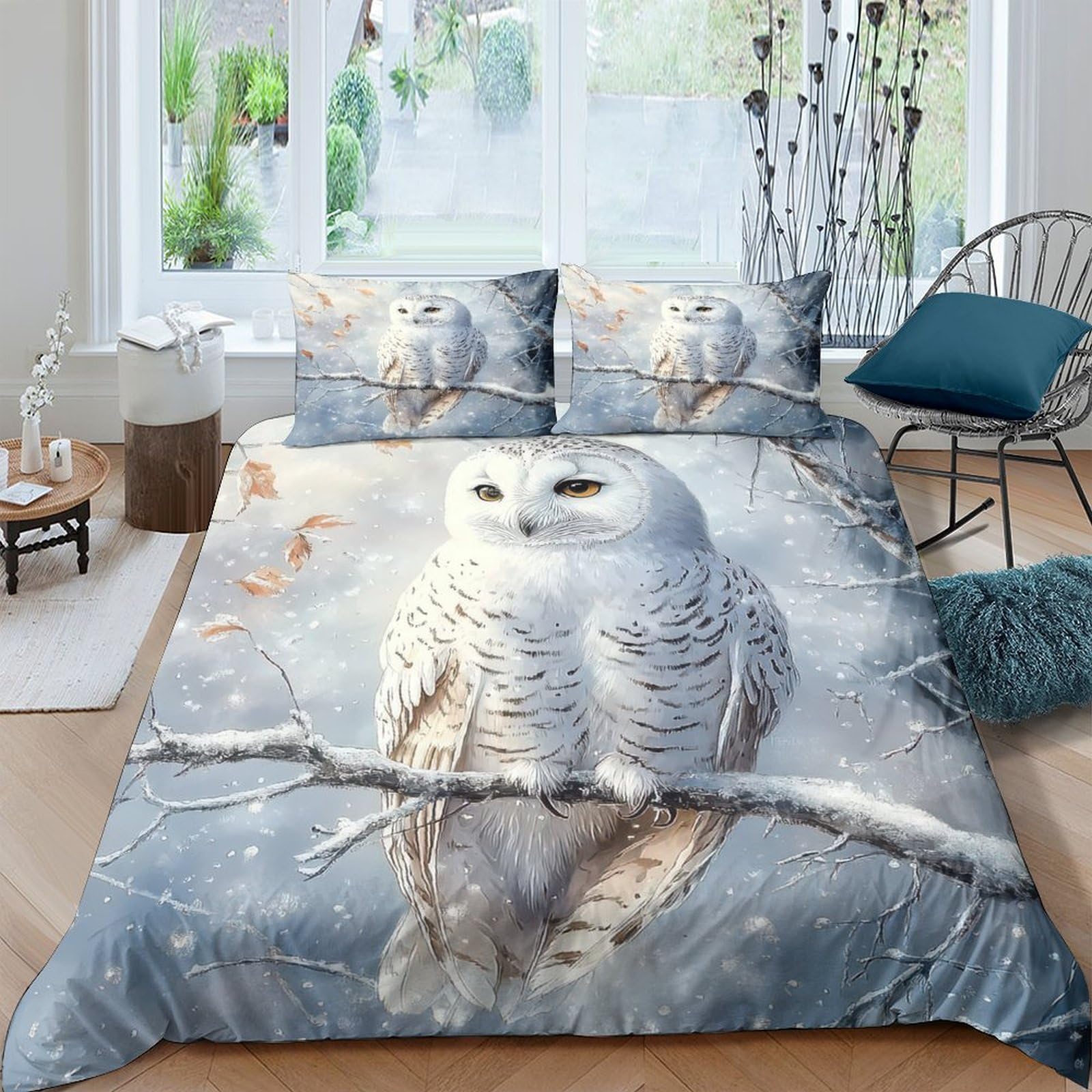 Ctjqhvkz Style-6 3D Printed Snowy Owl Fitted Sheet Microfiber Soft Grey Winter Forest Bed Sheet For Bedroom Guest Room Decor Single（135X200cm）