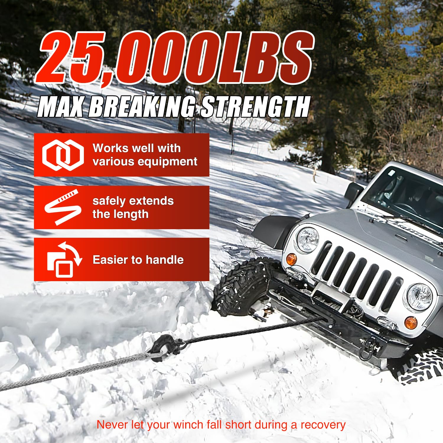 Nilight Synthetische Seilverlängerung 3/8 Zoll x 50 Fuß 11,3 kg ATV Winde Verlängerungskabel Ersatz Abschleppseile Linie für Geländewagen Polaris ATV UTV LKW SUV Jeep, Grau