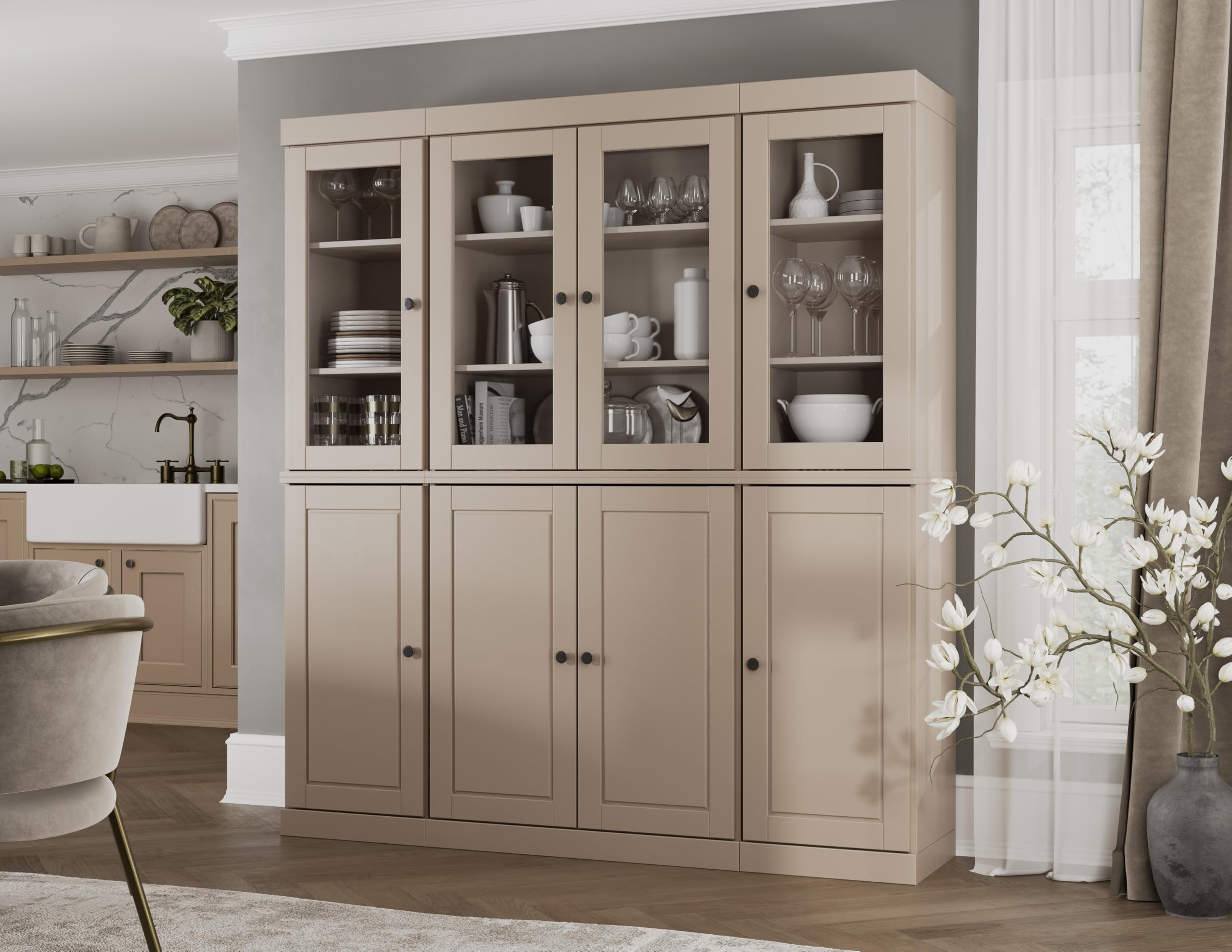 Palace Imports 100% Solid Wood Kitchen Pantry Storage - China Cabinet -Beige, 65" w x 71.5" h x 15.5" d, Adjustable Shelves, Renewable Eco-Friendly