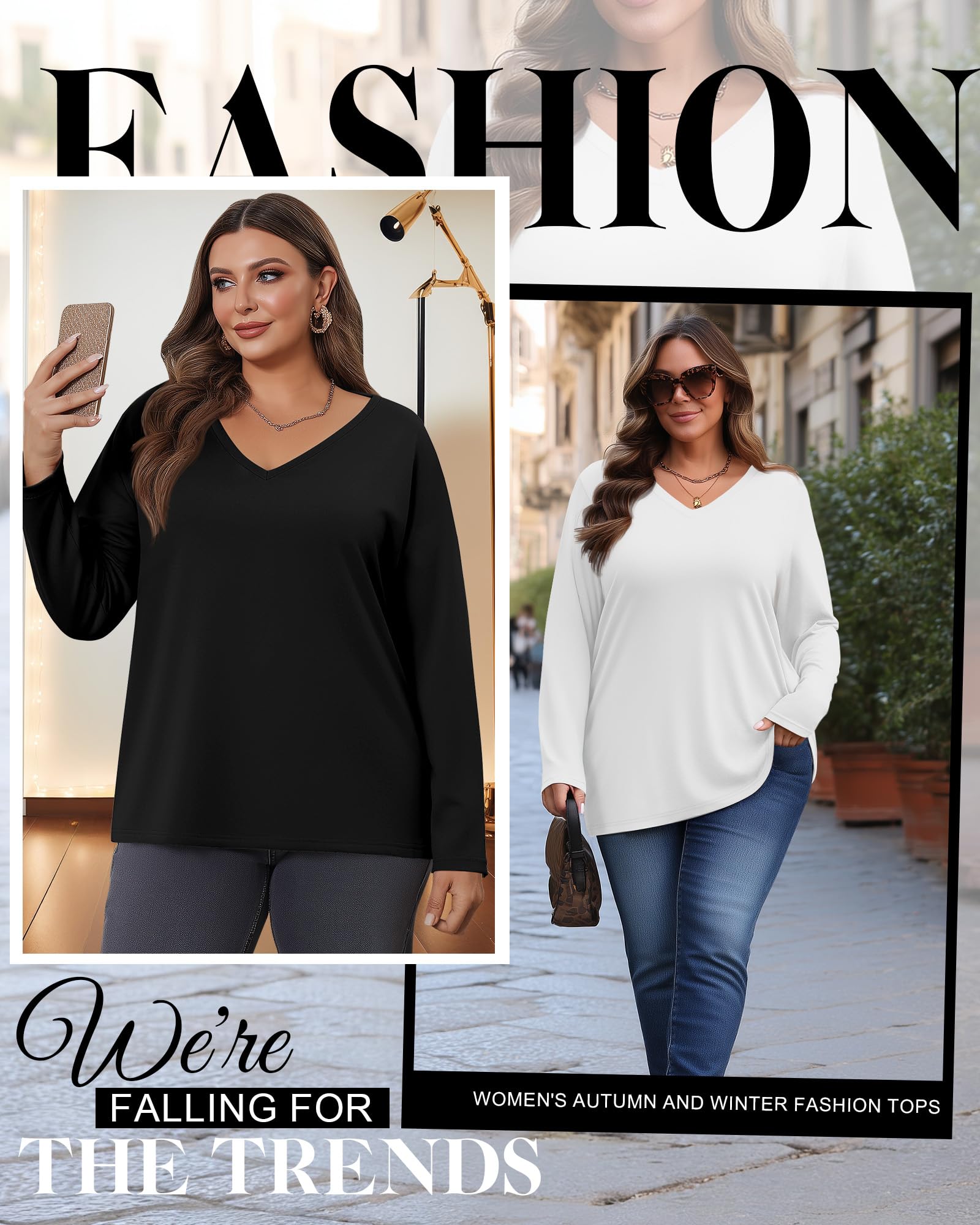 Riyiper Set da 3 Top Donna Plus Size | Scollo a V, maglia a maniche lunghe, vestibilità ampia, casual, basic, elegante tunica, biancheria intima