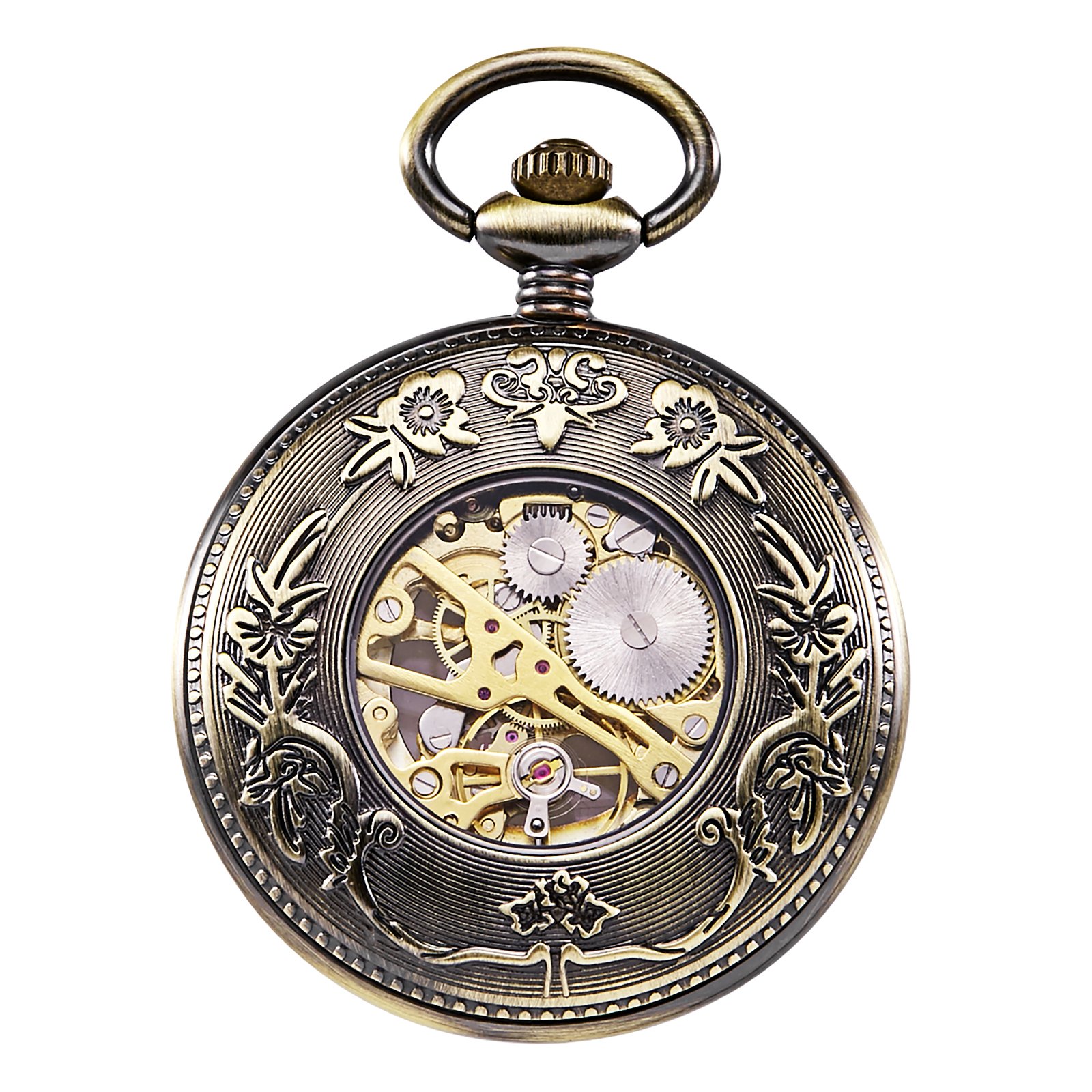 TREEWETO Reloj de bolsillo de madera unisex con cadena, analógico, cuerda manual, esqueleto con números romanos (Holz066), Bronce066, Clásico